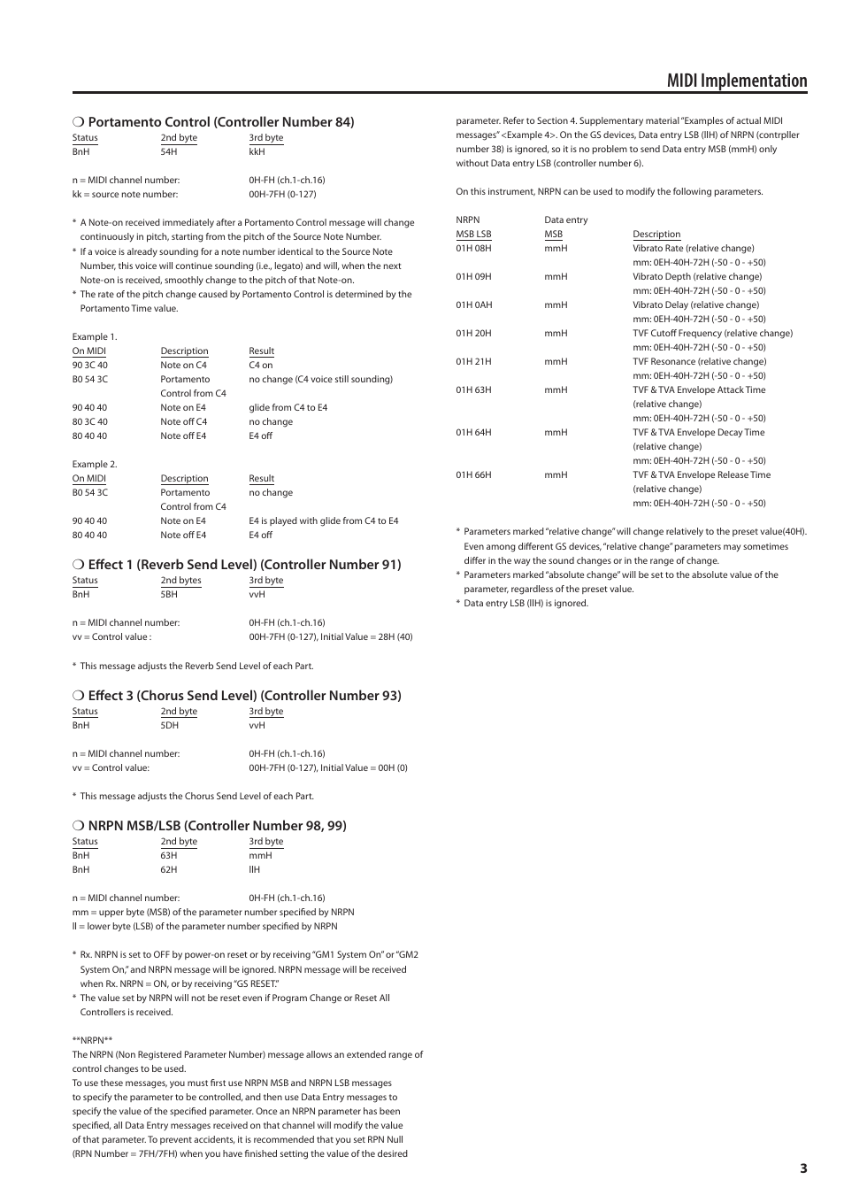 Midi implementation, 3❍ portamento control (controller number 84), Nrpn msb/lsb (controller number 98, 99) | Roland MIDI Implementation F-120R User Manual | Page 3 / 36