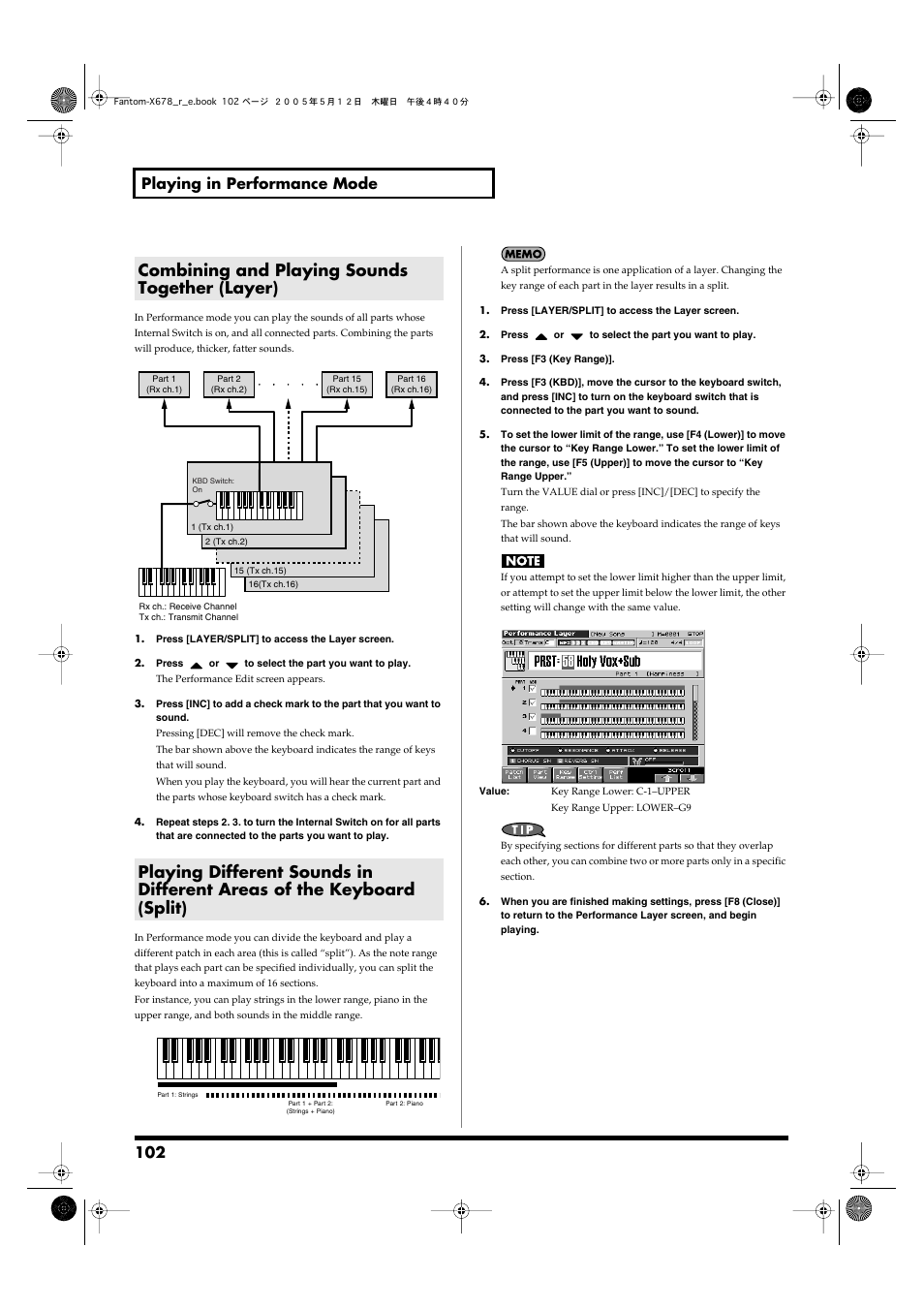 Combining and playing sounds together (layer), 102 playing in performance mode | Roland Fantom-X7 User Manual | Page 102 / 348