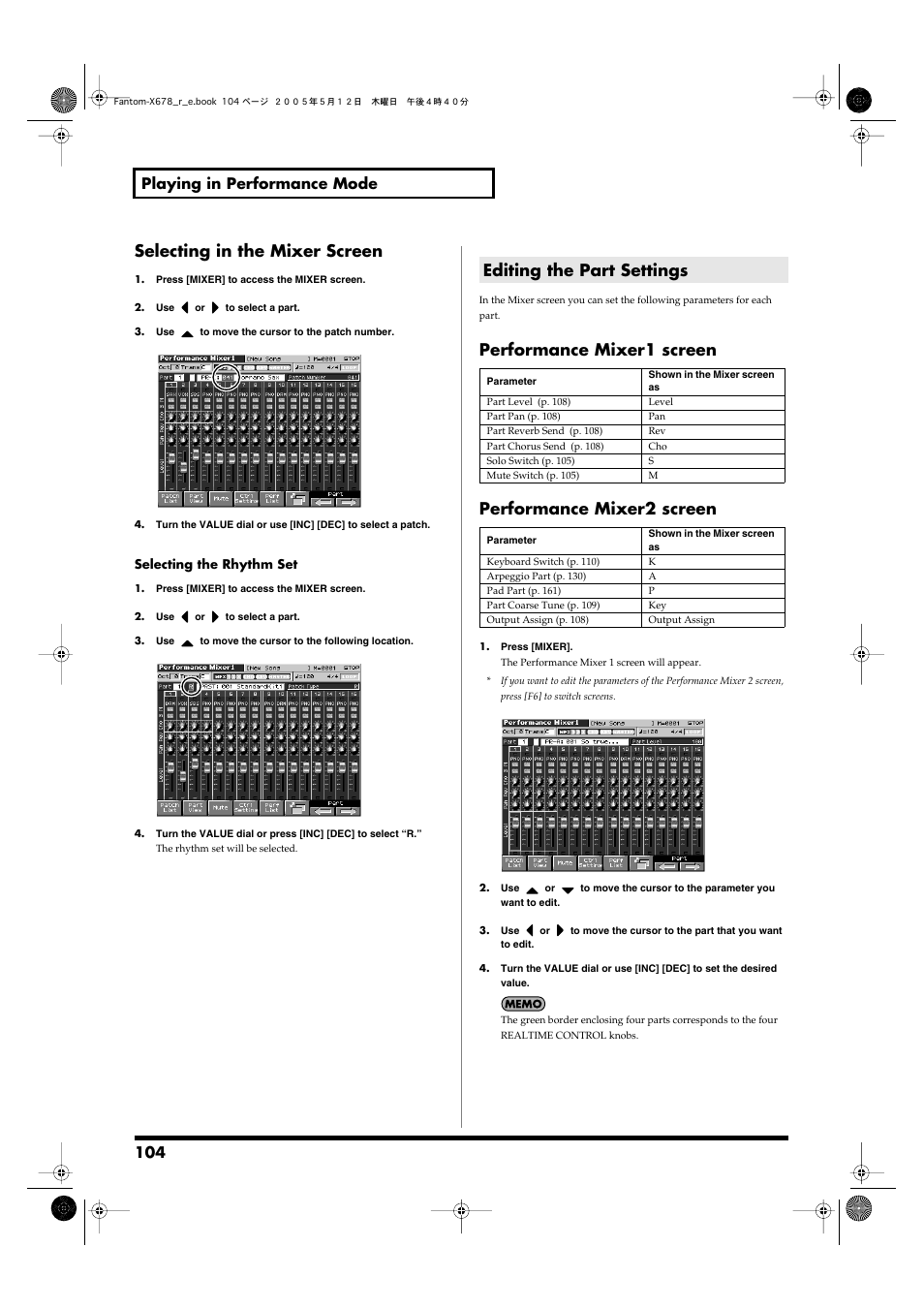 Editing the part settings, Selecting in the mixer screen, 104 playing in performance mode | Roland Fantom-X7 User Manual | Page 104 / 348