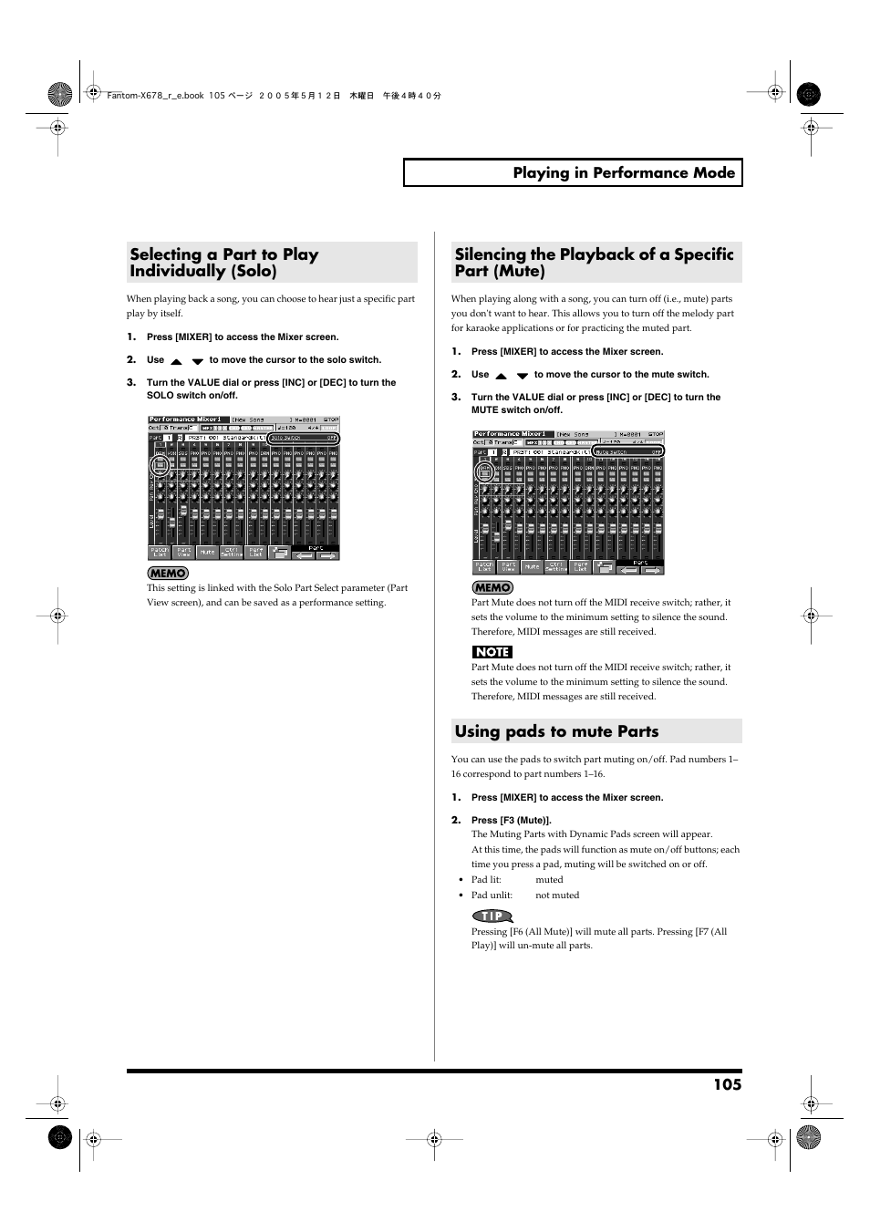 Selecting a part to play individually (solo), Silencing the playback of a specific part (mute), Using pads to mute parts | Solo switch (p. 105), Mute switch (p. 105), 105 playing in performance mode | Roland Fantom-X7 User Manual | Page 105 / 348