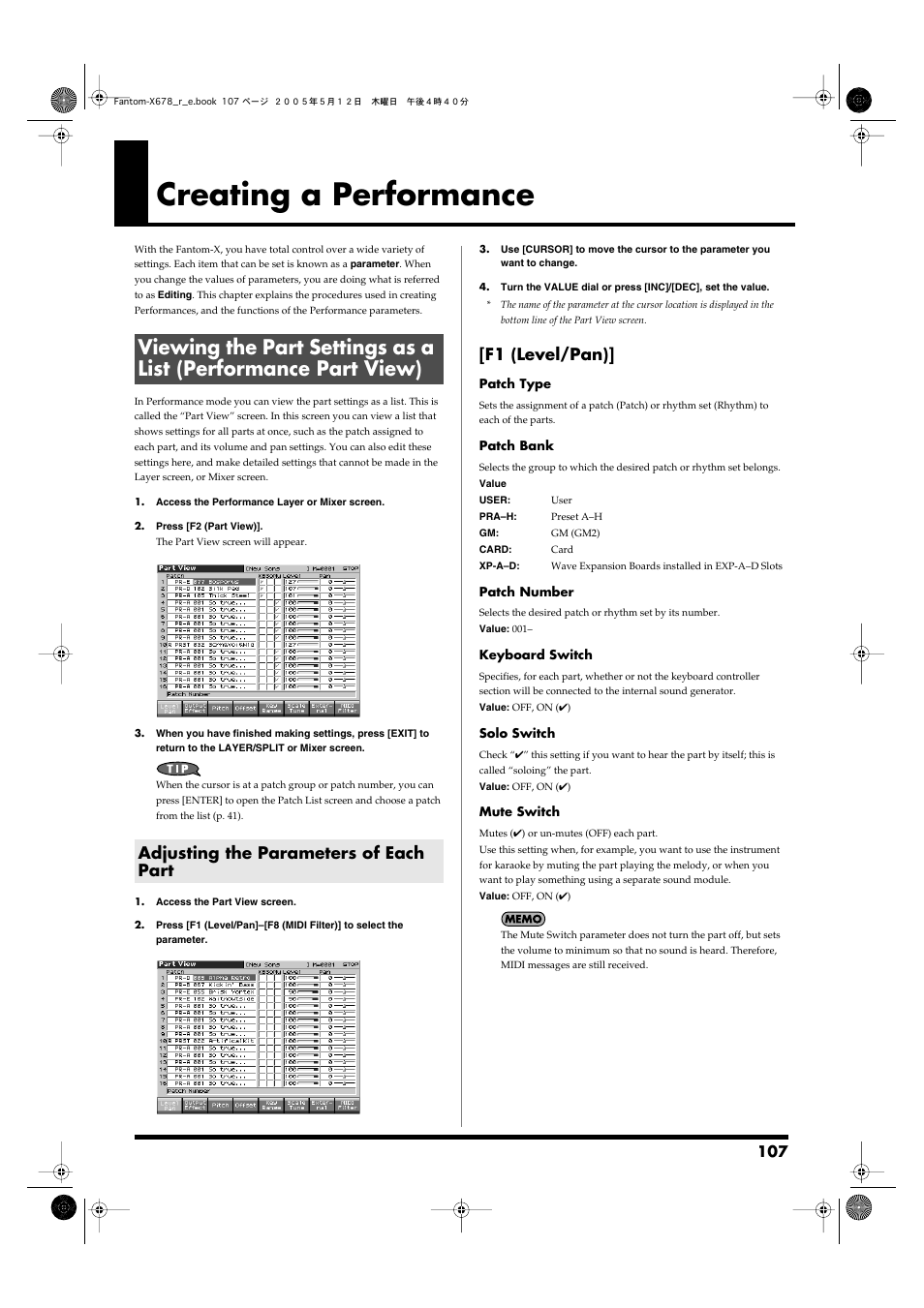 Creating a performance, Adjusting the parameters of each part, Viewing the part settings | As a list (performance part view), P. 107), F1 (level/pan) | Roland Fantom-X7 User Manual | Page 107 / 348