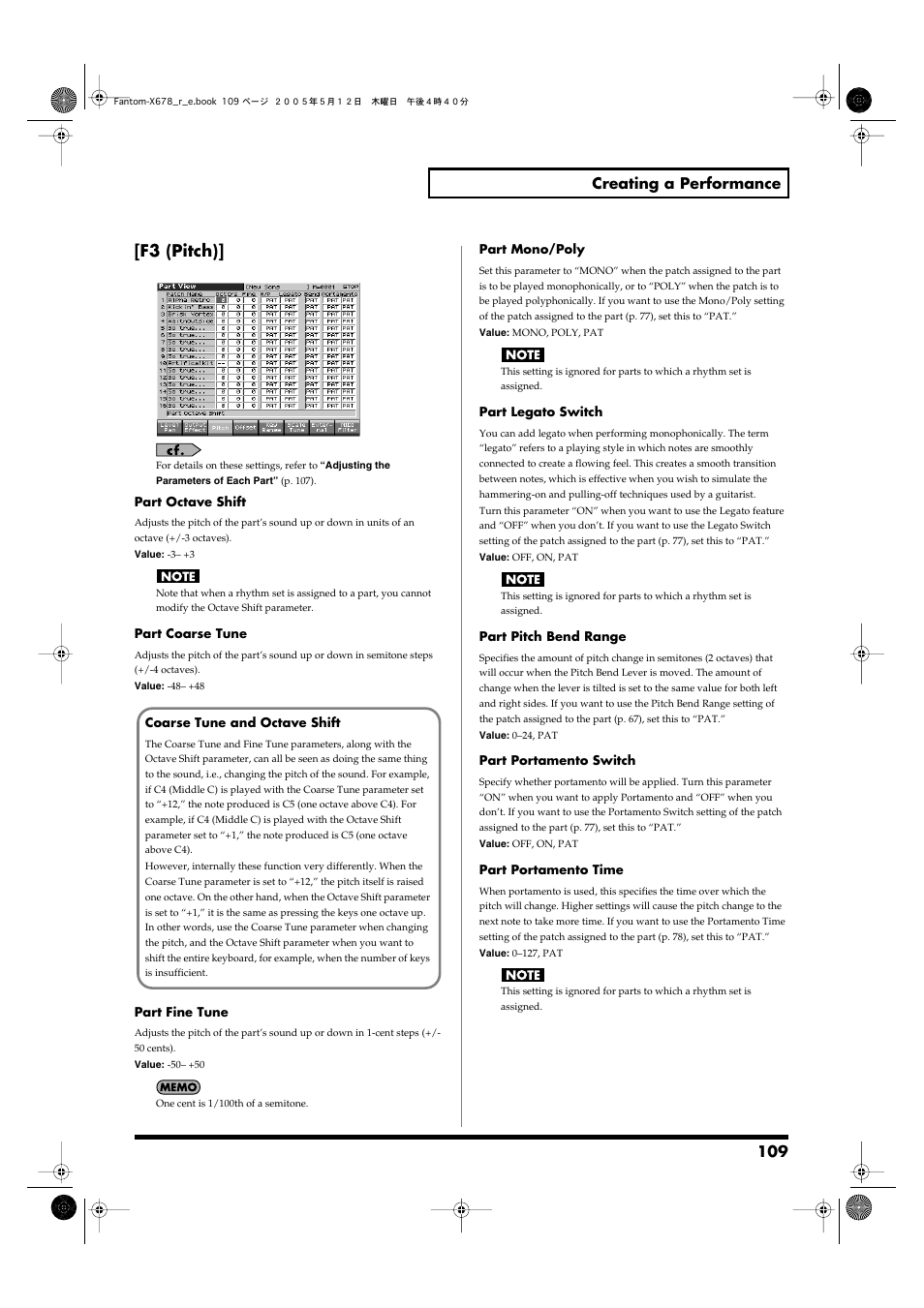 Part coarse tune (p. 109), F3 (pitch), 109 creating a performance | Roland Fantom-X7 User Manual | Page 109 / 348