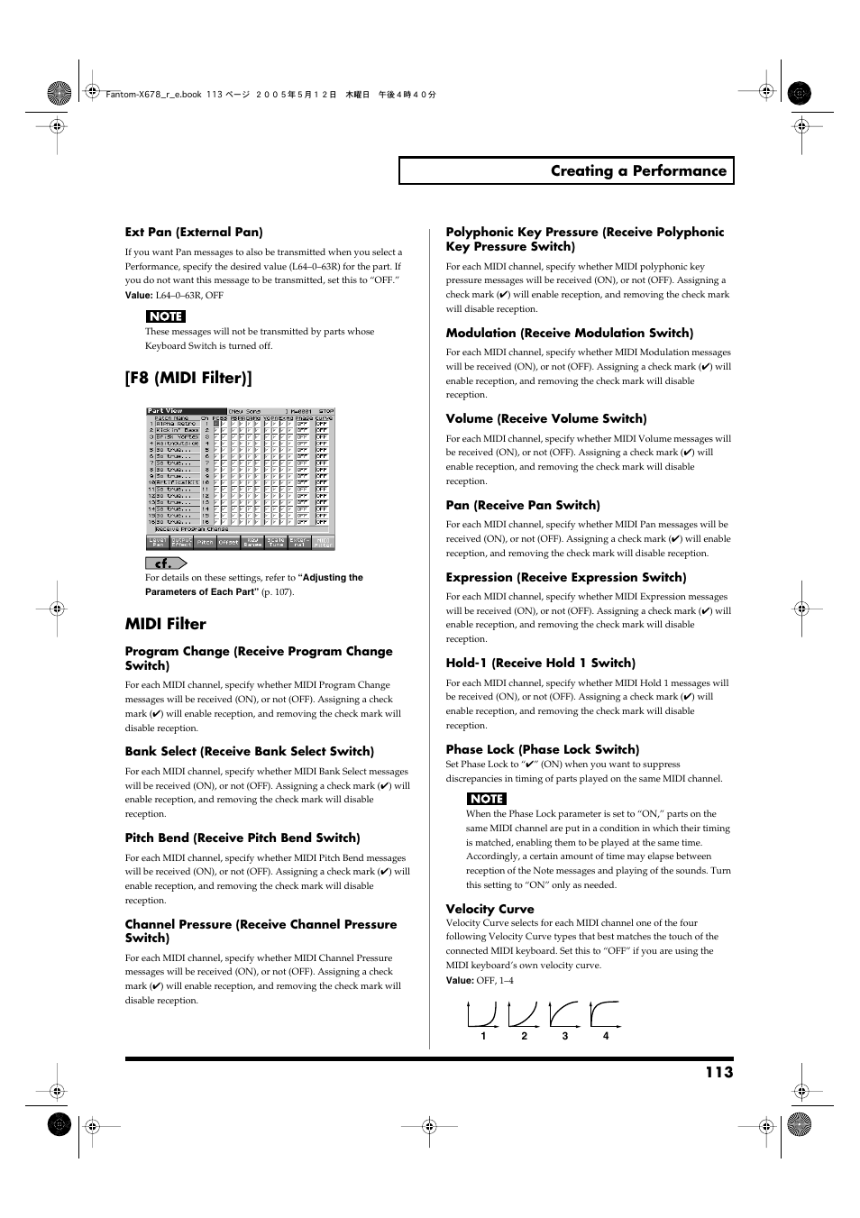 F8 (midi filter), Midi filter, 113 creating a performance | Roland Fantom-X7 User Manual | Page 113 / 348