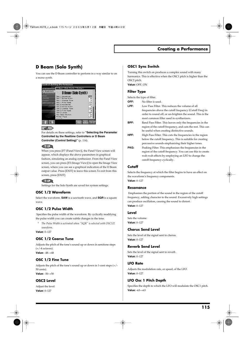 D beam (solo synth), 115 creating a performance | Roland Fantom-X7 User Manual | Page 115 / 348