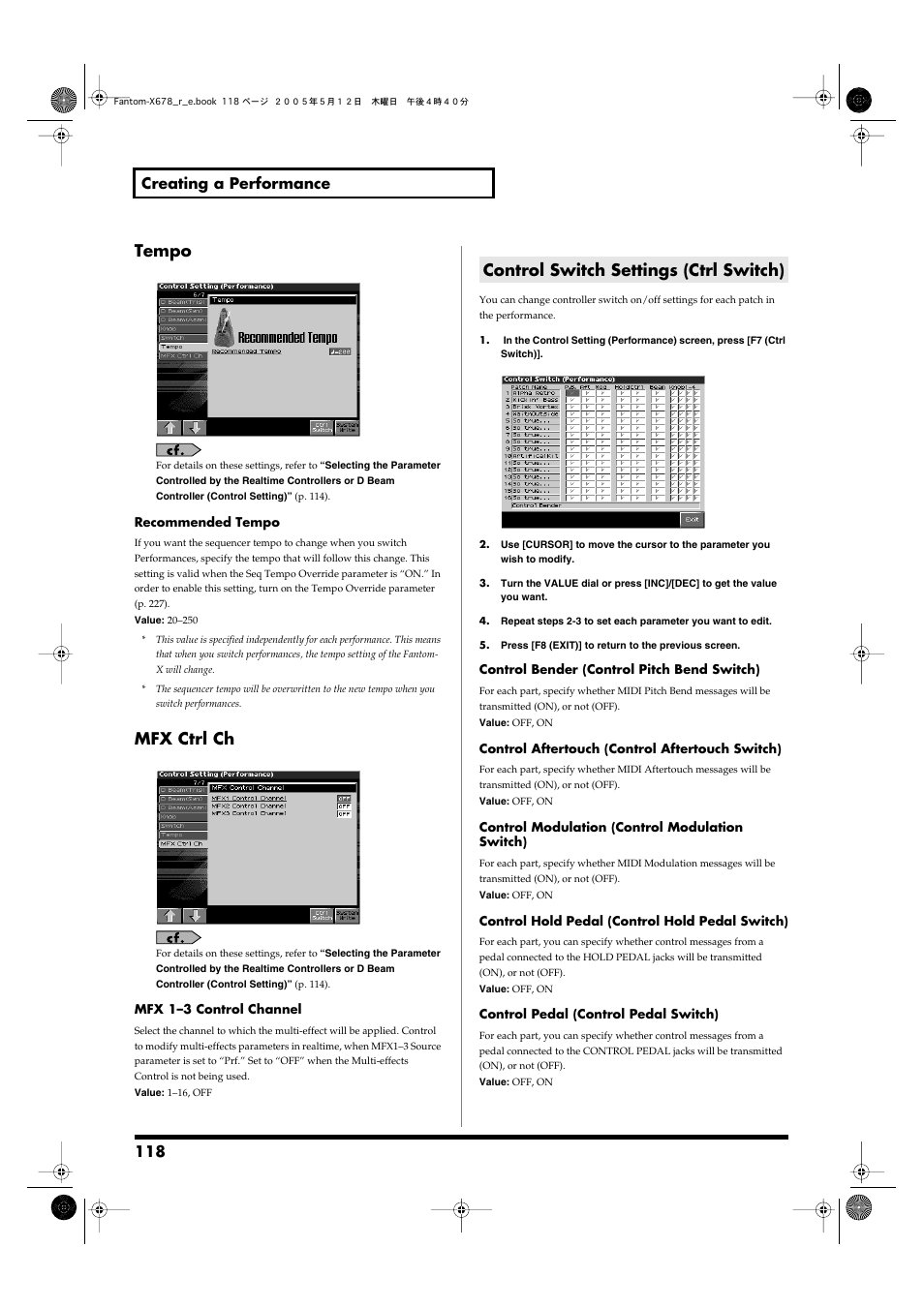 Control switch settings (ctrl switch), Tempo, Mfx ctrl ch | 118 creating a performance | Roland Fantom-X7 User Manual | Page 118 / 348