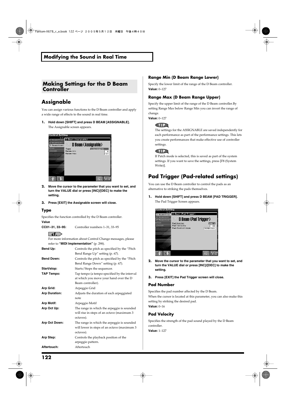 Making settings for the d beam controller, Modify the sound in realtime. -> (p. 122), The sound in realtime. -> (p. 122) | Assignable, Pad trigger (pad-related settings), 122 modifying the sound in real time | Roland Fantom-X7 User Manual | Page 122 / 348