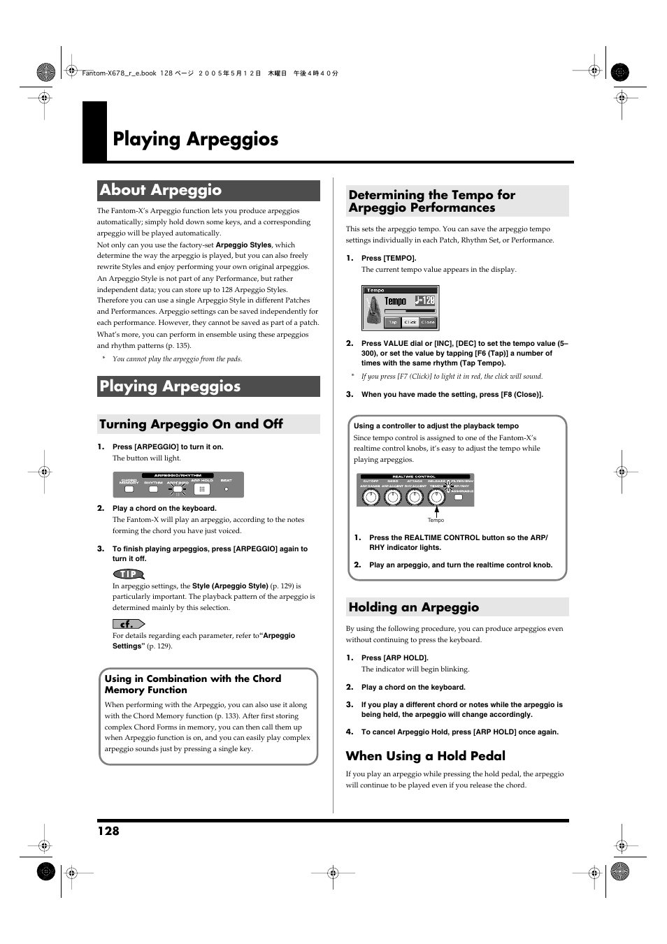 Playing arpeggios, About arpeggio, Turning arpeggio on and off | Determining the tempo for arpeggio performances, Holding an arpeggio, About arpeggio playing arpeggios, P. 128), Sets the tempo (bpm). -> (p. 128, p. 135, p. 166), When using a hold pedal | Roland Fantom-X7 User Manual | Page 128 / 348