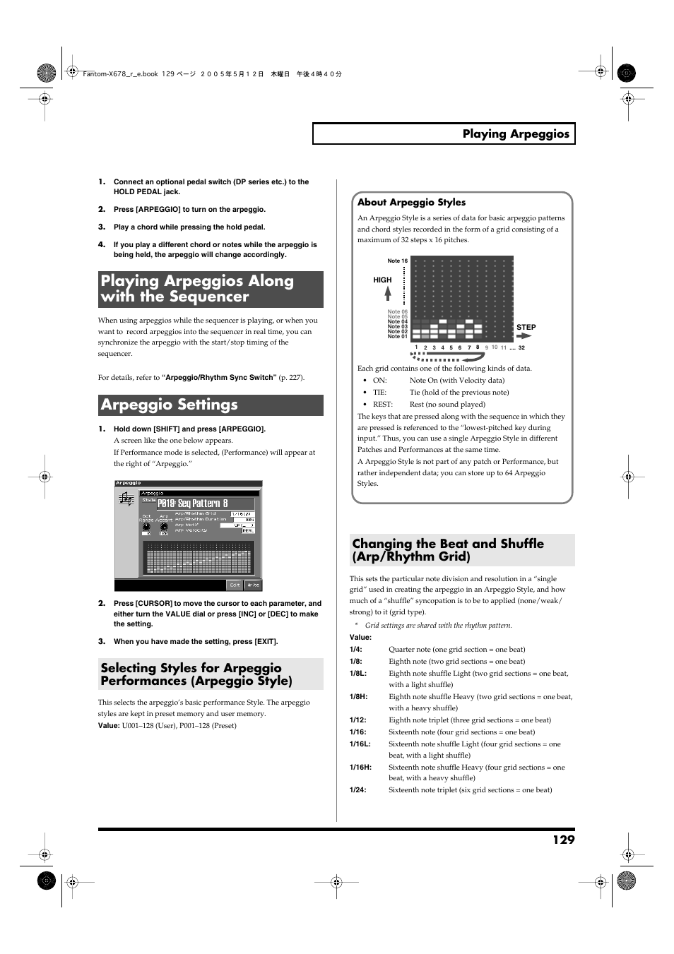 Playing arpeggios along with the sequencer, Arpeggio settings, Changing the beat and shuffle (arp/rhythm grid) | P. 129) is, Arpeggio, Settings, P. 129), 129 playing arpeggios | Roland Fantom-X7 User Manual | Page 129 / 348