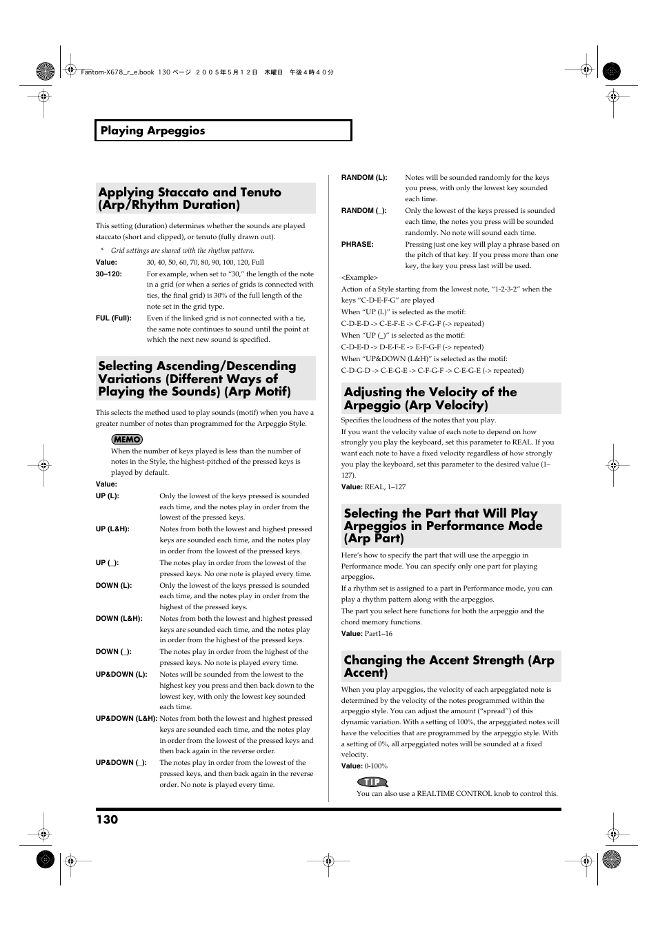 Applying staccato and tenuto (arp/rhythm duration), Changing the accent strength (arp accent), Arpeggio part (p. 130) | 130 playing arpeggios | Roland Fantom-X7 User Manual | Page 130 / 348