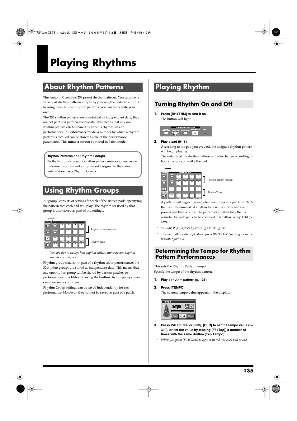 Playing rhythms, About rhythm patterns, Using rhythm groups | Playing rhythm, Turning rhythm on and off, P. 135), And rhythm patterns (p. 135), About rhythm patterns using rhythm groups | Roland Fantom-X7 User Manual | Page 135 / 348