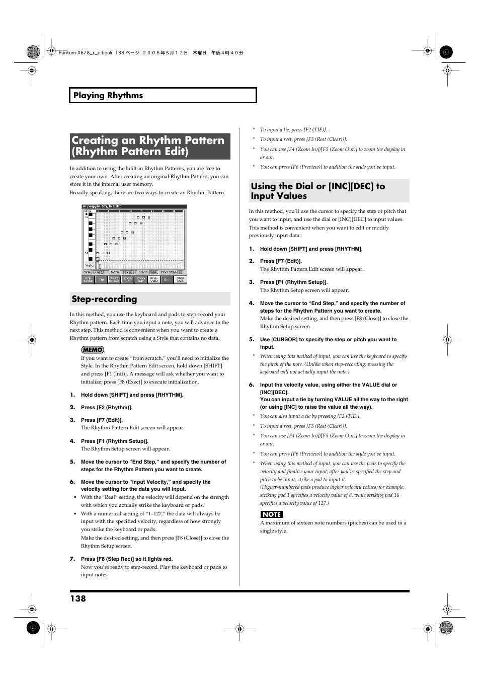 Creating an rhythm pattern (rhythm pattern edit), Step-recording, Using the dial or [inc][dec] to input values | 138 playing rhythms | Roland Fantom-X7 User Manual | Page 138 / 348