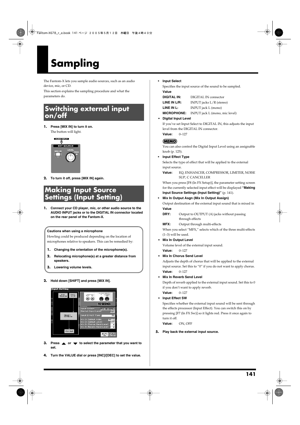 Sampling, Switching external input on/off, Making input source settings (input setting) | Switches the external input on/off. -> (p. 141), Select (p. 141) to “microphone | Roland Fantom-X7 User Manual | Page 141 / 348