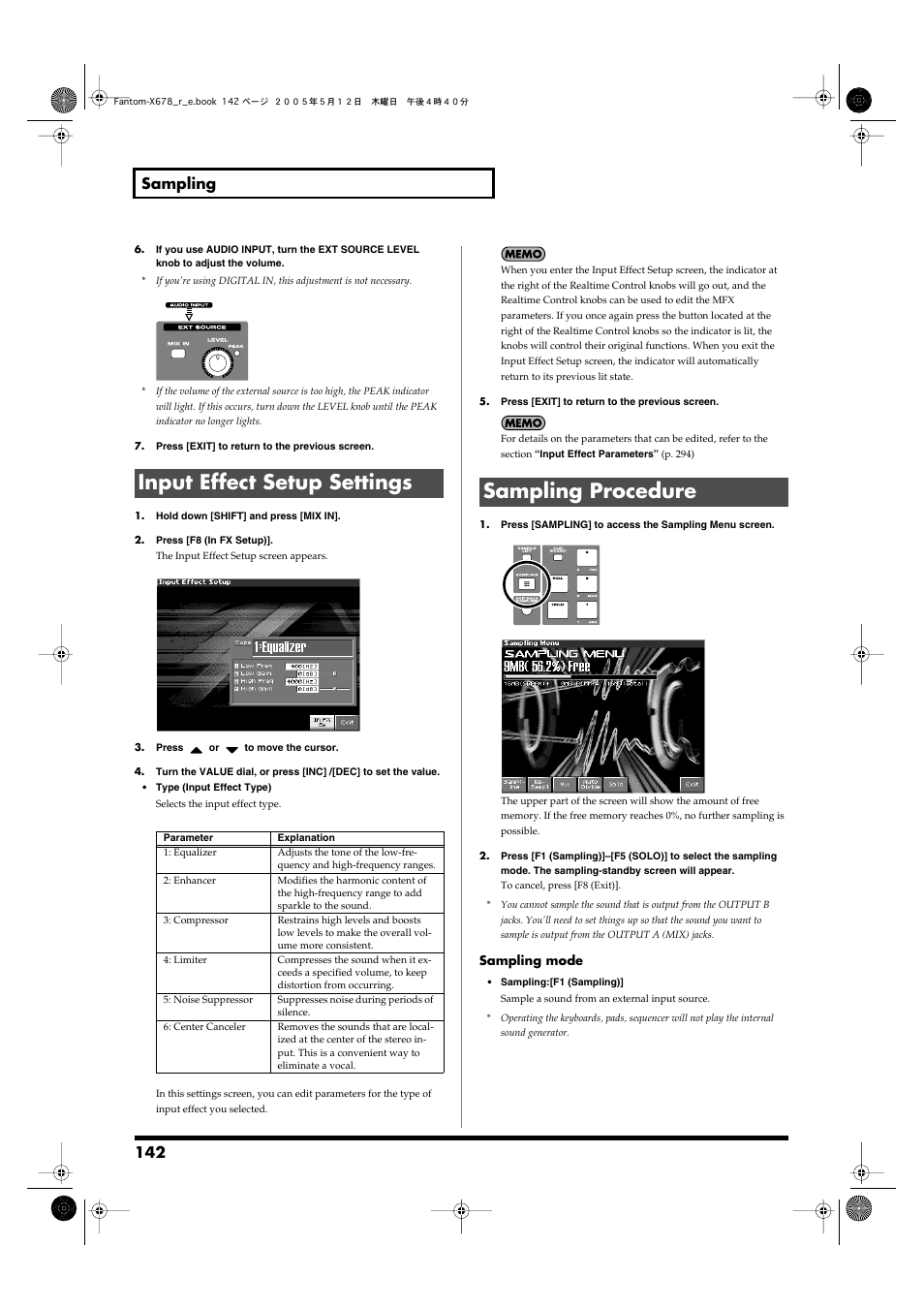 Input effect setup settings, Sampling procedure, Input effect setup settings sampling procedure | View the sampling menu screen. -> (p. 142), 142 sampling | Roland Fantom-X7 User Manual | Page 142 / 348