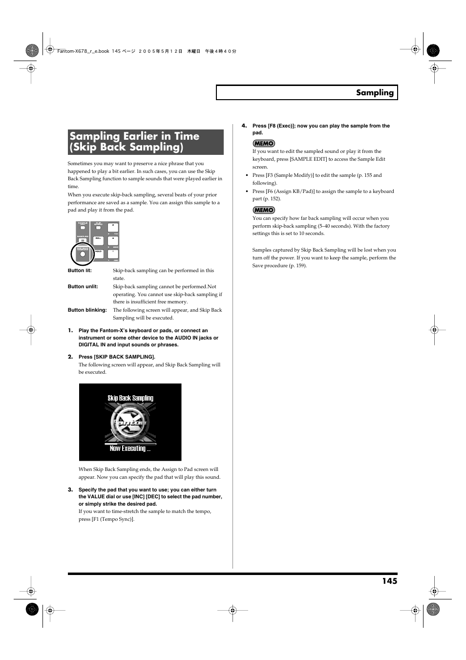 Sampling earlier in time (skip back sampling), You pressed the button. -> (p. 145), 145 sampling | Roland Fantom-X7 User Manual | Page 145 / 348