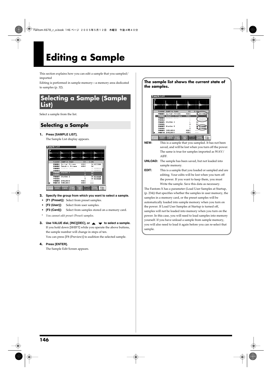Editing a sample, Selecting a sample (sample list), Selecting a sample | View the sample list. -> (p. 146), If you want to edit the sample, refer to p. 146 | Roland Fantom-X7 User Manual | Page 146 / 348