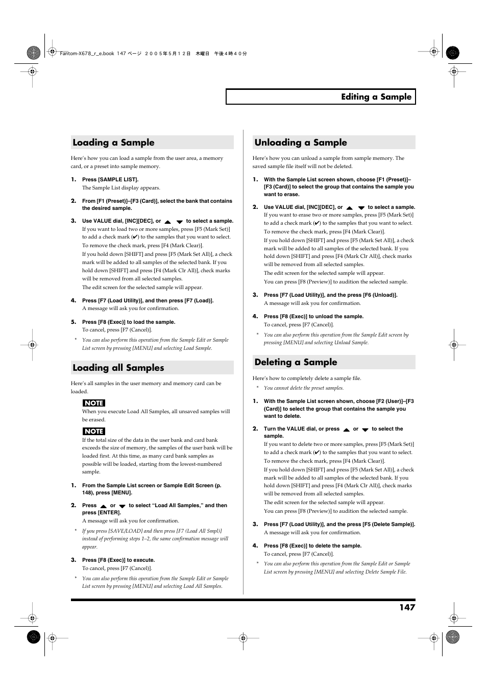 Loading a sample, Loading all samples, Unloading a sample | Deleting a sample, 147 editing a sample | Roland Fantom-X7 User Manual | Page 147 / 348