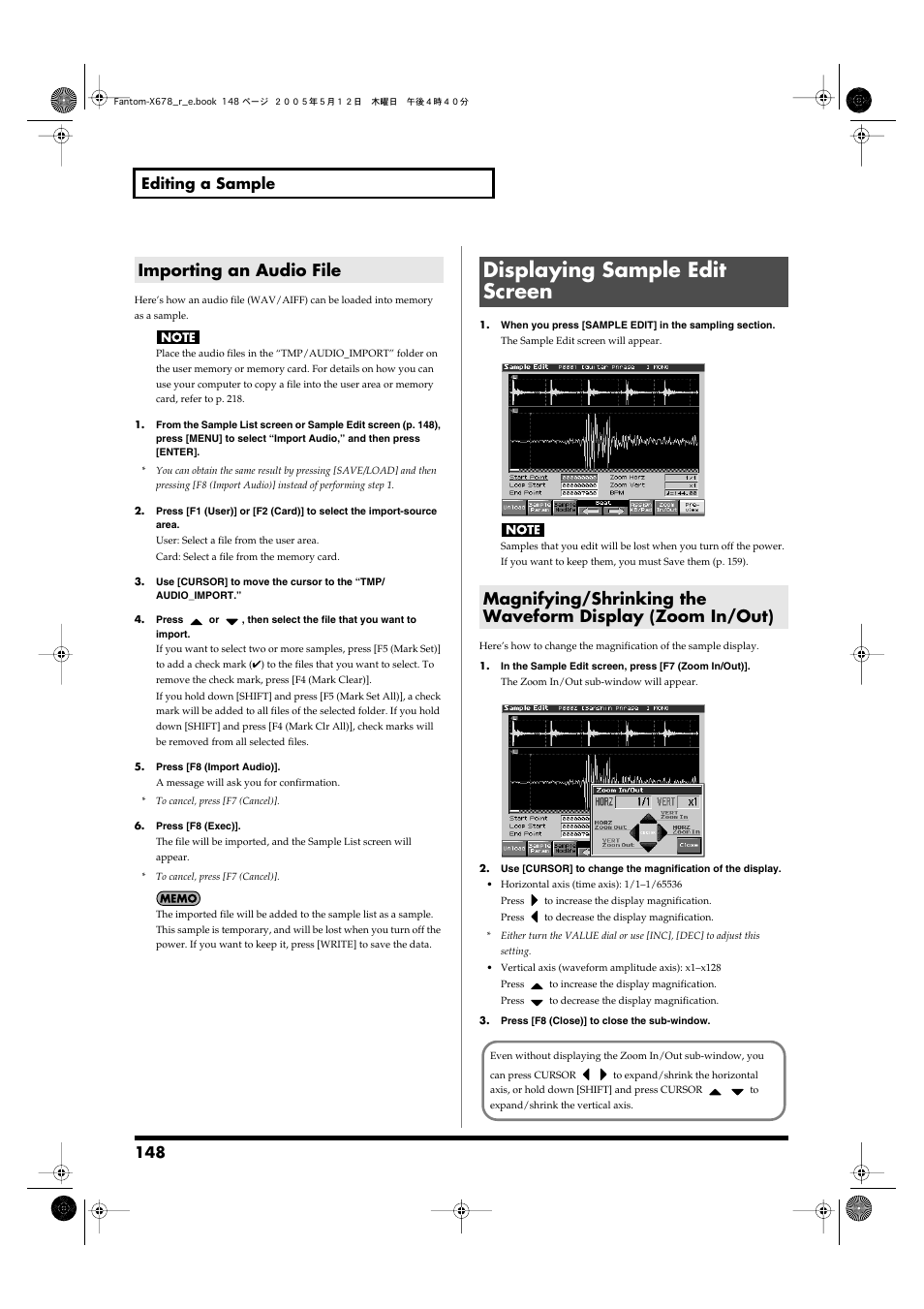 Importing an audio file, Displaying sample edit screen, Edit a sample. -> (p. 148) | The sample edit (p. 148) screen will appear, 148 editing a sample | Roland Fantom-X7 User Manual | Page 148 / 348
