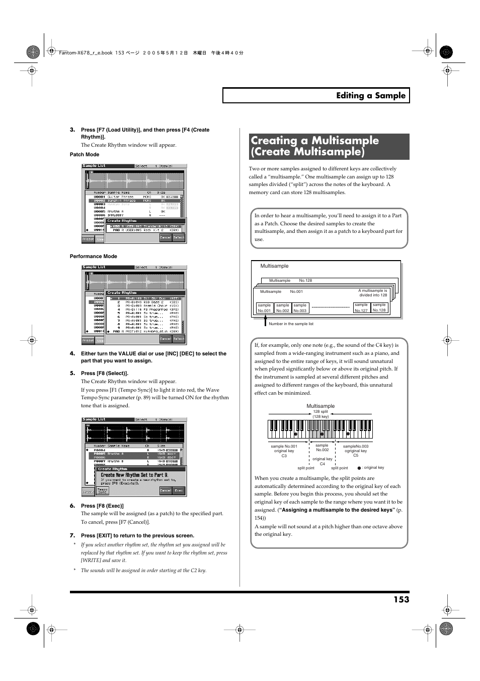 Creating a multisample (create multisample), 153 editing a sample | Roland Fantom-X7 User Manual | Page 153 / 348