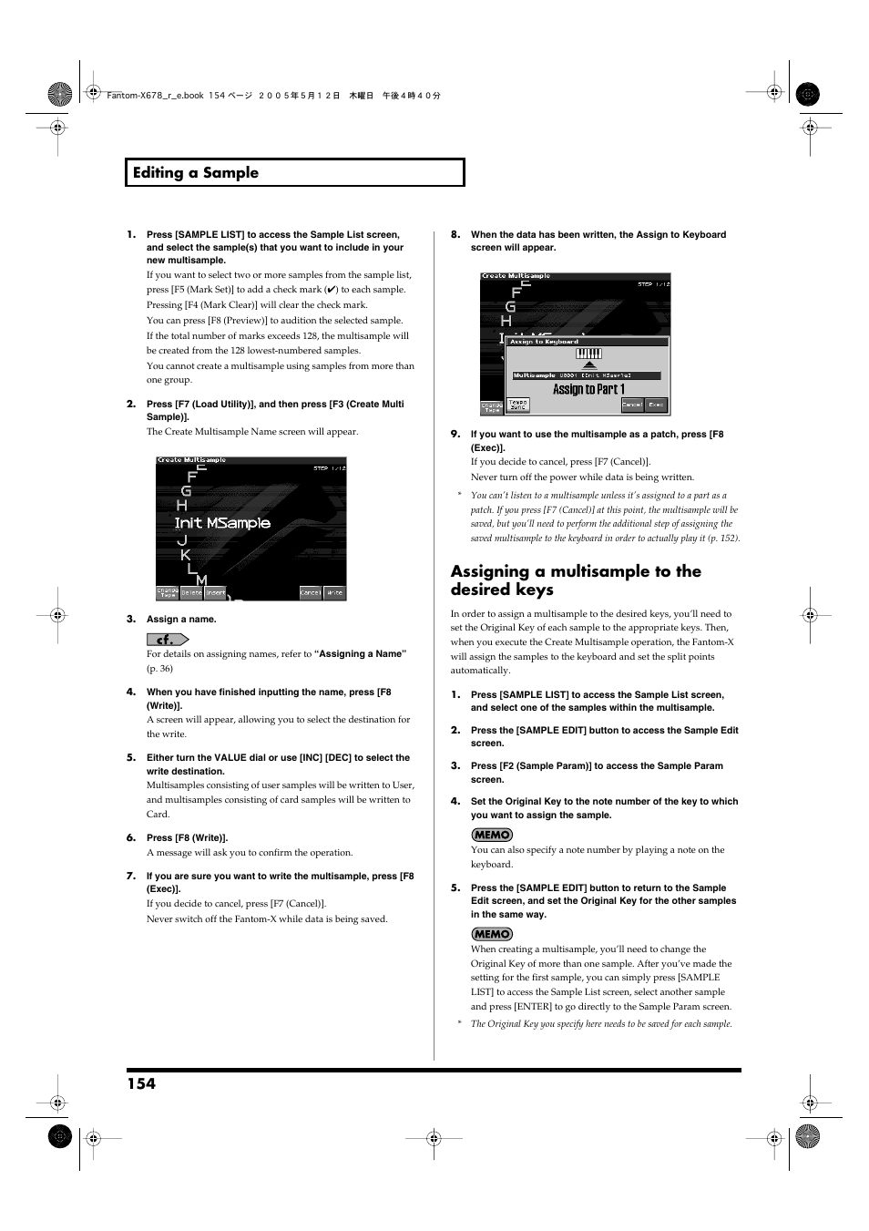 Assigning a multisample to the desired keys, 154 editing a sample | Roland Fantom-X7 User Manual | Page 154 / 348