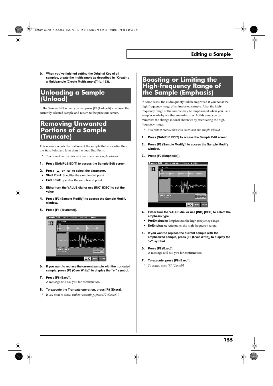 Unloading a sample (unload), Removing unwanted portions of a sample (truncate), 155 editing a sample | Roland Fantom-X7 User Manual | Page 155 / 348