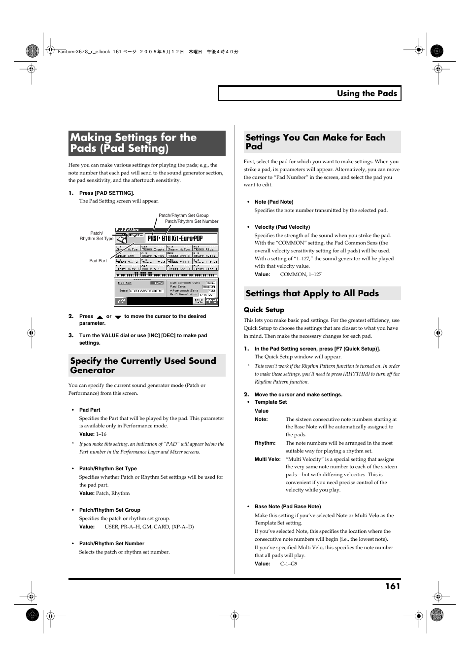 Making settings for the pads (pad setting), Specify the currently used sound generator, Settings you can make for each pad | Settings that apply to all pads, Pad part (p. 161), Will be used (p. 161), 161 using the pads | Roland Fantom-X7 User Manual | Page 161 / 348