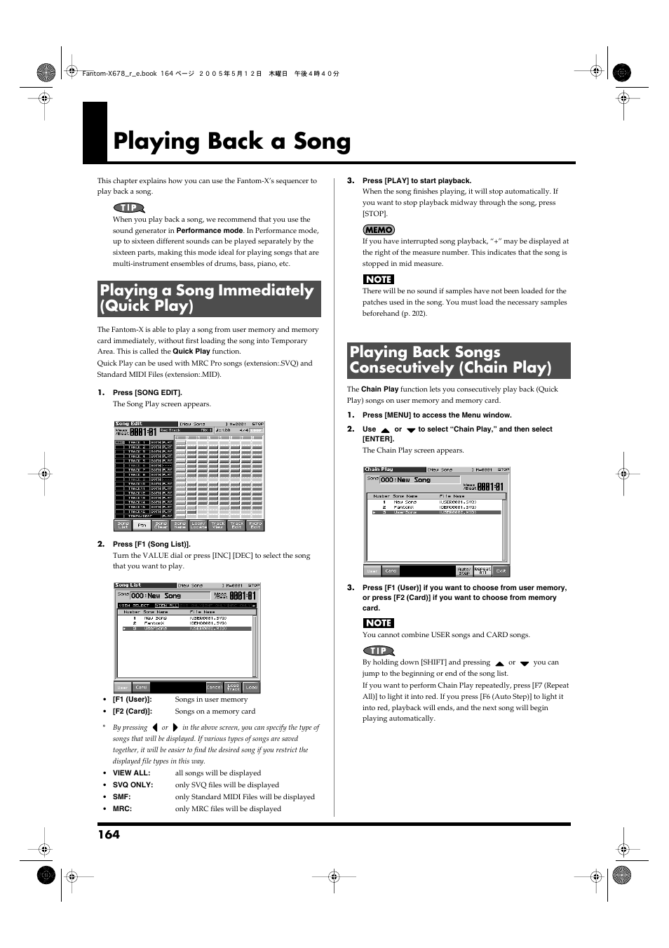 Playing back a song, Playing a song immediately (quick play), Playing back songs consecutively (chain play) | Roland Fantom-X7 User Manual | Page 164 / 348