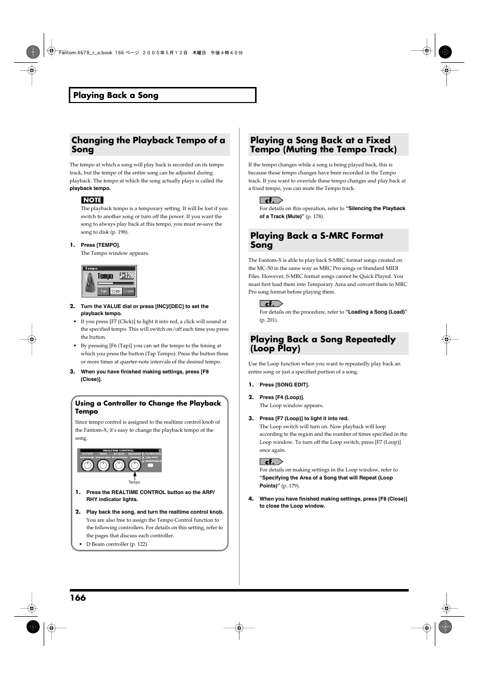 Changing the playback tempo of a song, Playing back a s-mrc format song, Playing back a song repeatedly (loop play) | 166 playing back a song | Roland Fantom-X7 User Manual | Page 166 / 348