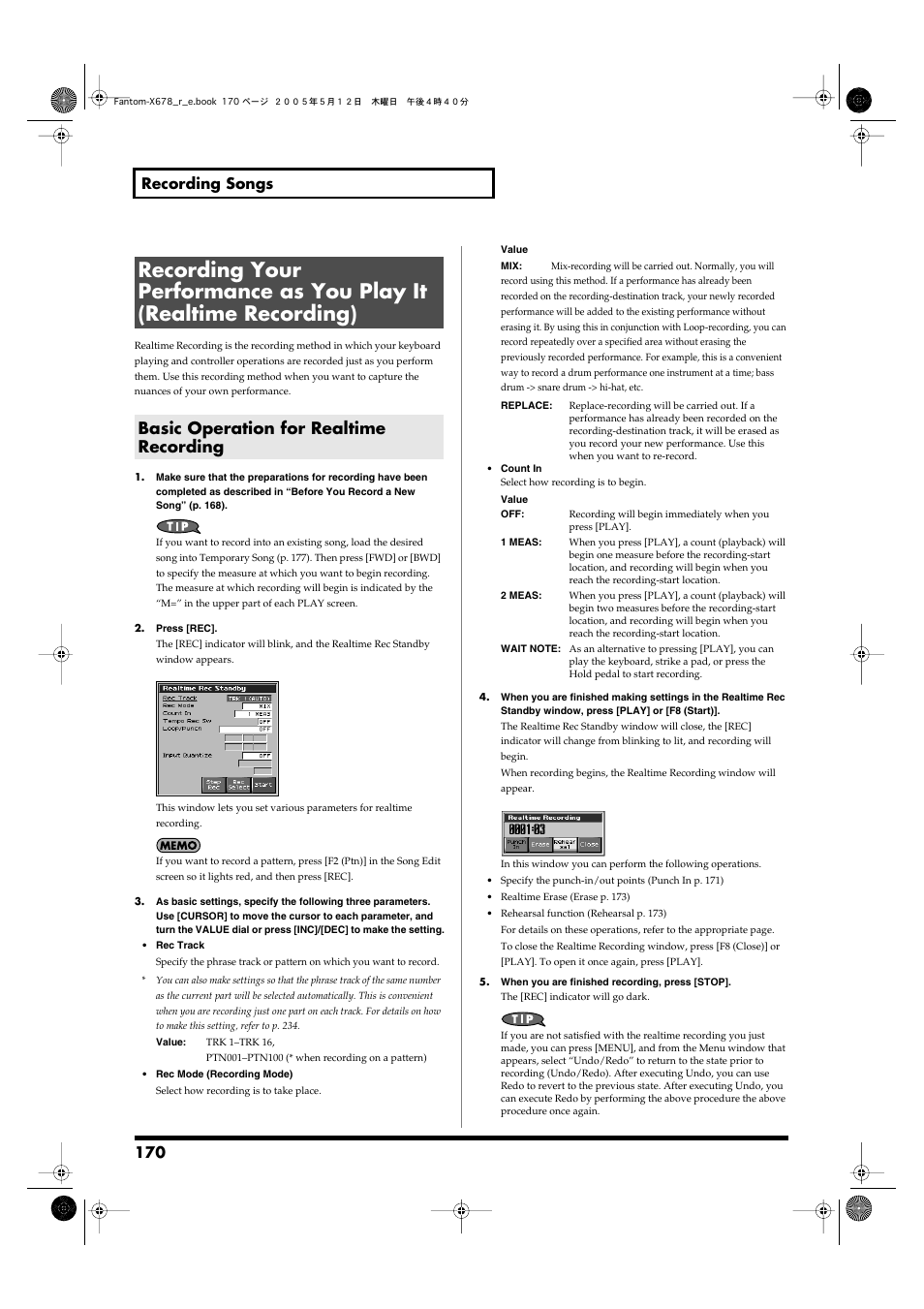 Basic operation for realtime recording, Realtime recording (p. 170), Recording your | Performance as you play it (realtime recording), P. 170), 170 recording songs | Roland Fantom-X7 User Manual | Page 170 / 348