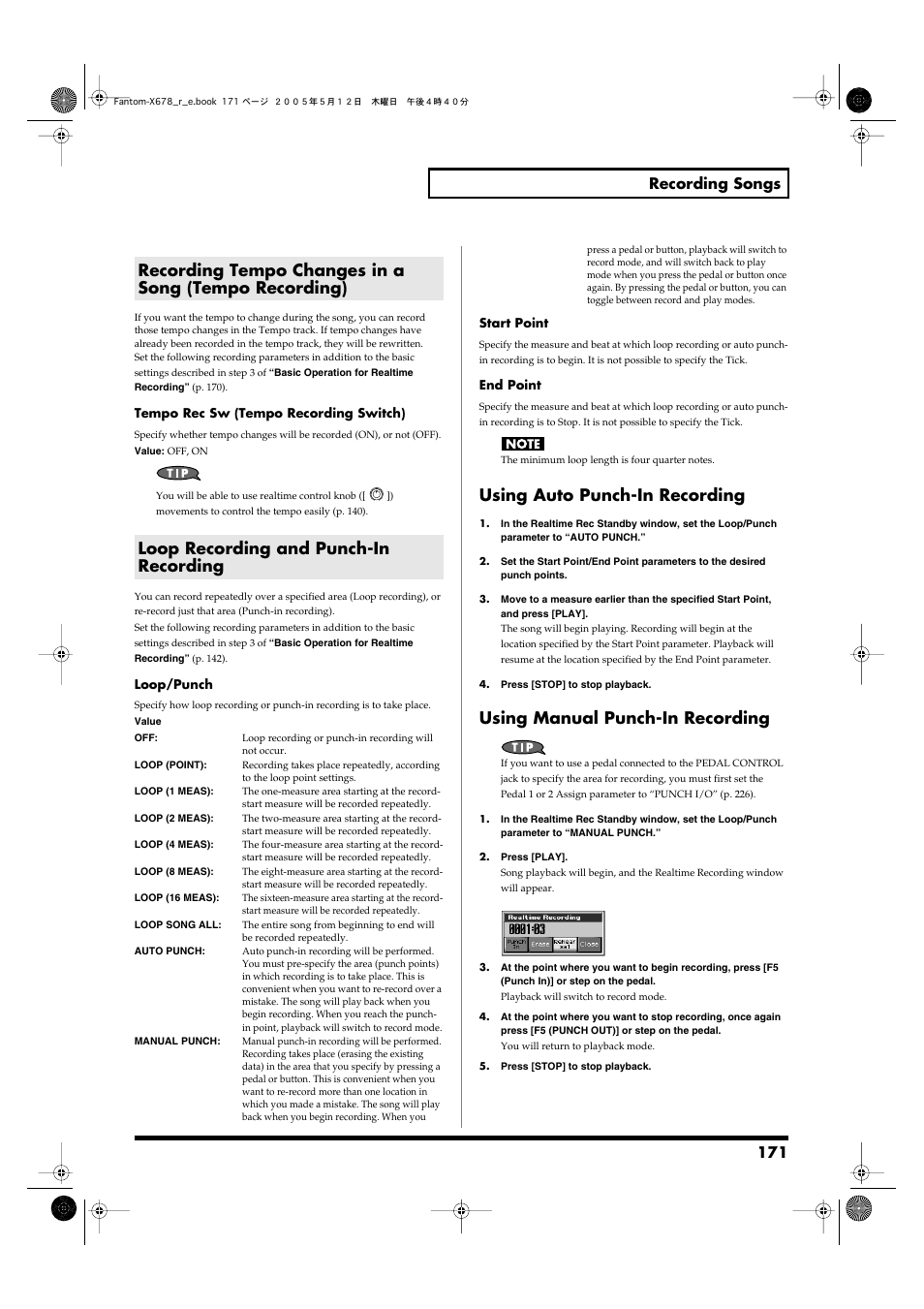 Loop recording and punch-in recording, Specify the punch-in/out points (punch in p. 171), Using auto punch-in recording | Using manual punch-in recording, 171 recording songs | Roland Fantom-X7 User Manual | Page 171 / 348