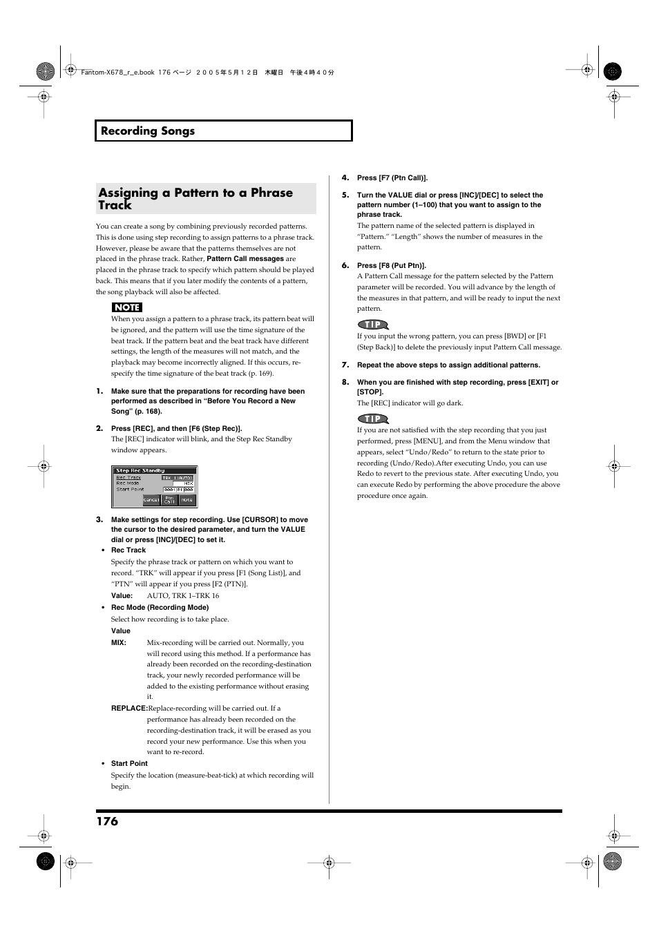 Assigning a pattern to a phrase track, 176 recording songs | Roland Fantom-X7 User Manual | Page 176 / 348