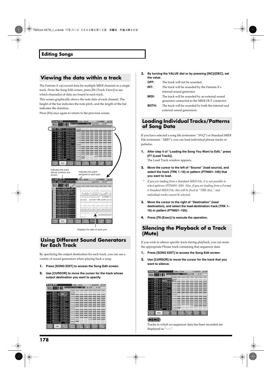 Viewing the data within a track, Using different sound generators for each track, Loading individual tracks/patterns of song data | Silencing the playback of a track (mute), For details on this operation, refer to, Silencing the playback, Of a track (mute), P. 178), 178 editing songs | Roland Fantom-X7 User Manual | Page 178 / 348