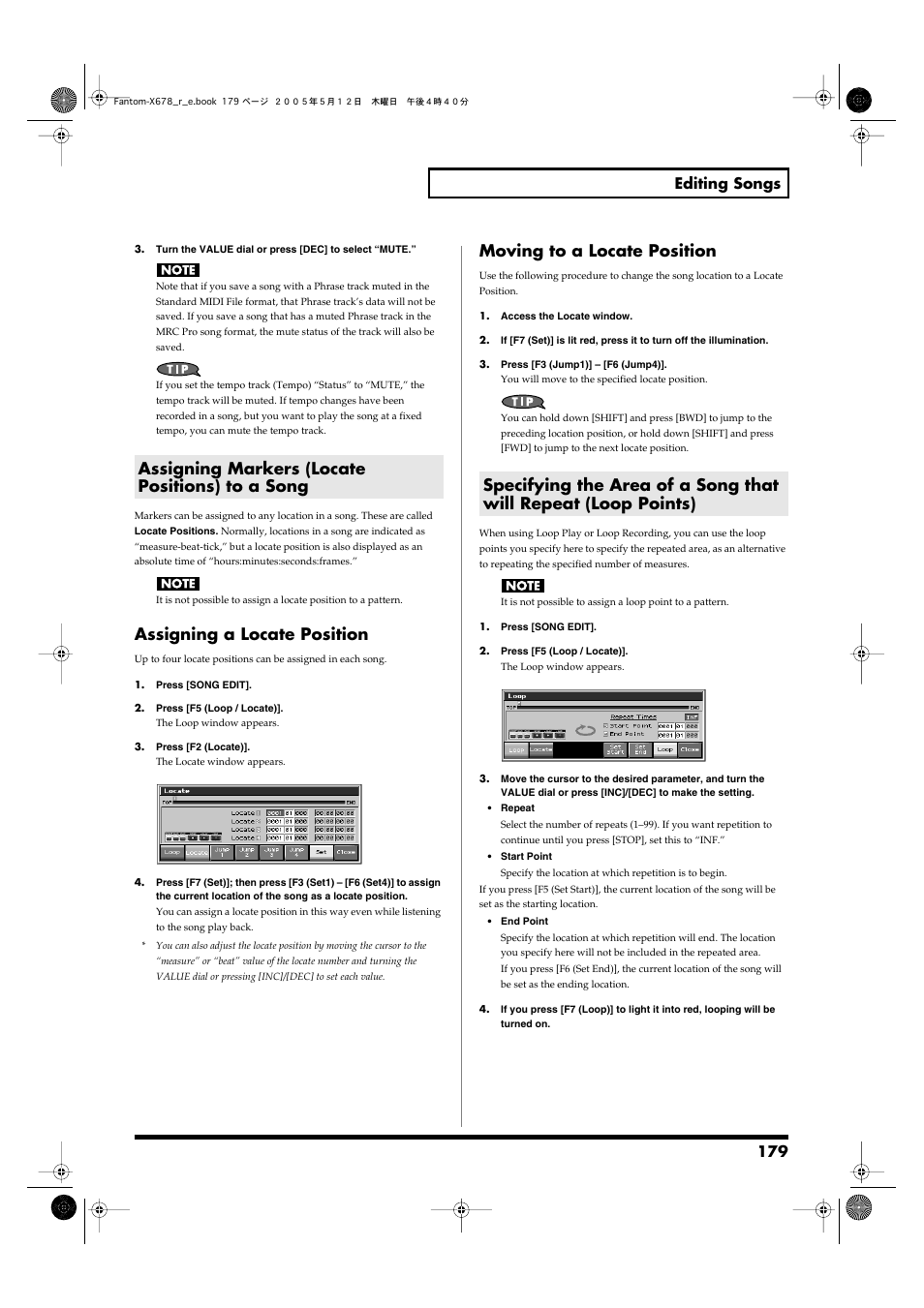 Assigning markers (locate positions) to a song, Points), P. 179) | Assigning a locate position, Moving to a locate position, 179 editing songs | Roland Fantom-X7 User Manual | Page 179 / 348