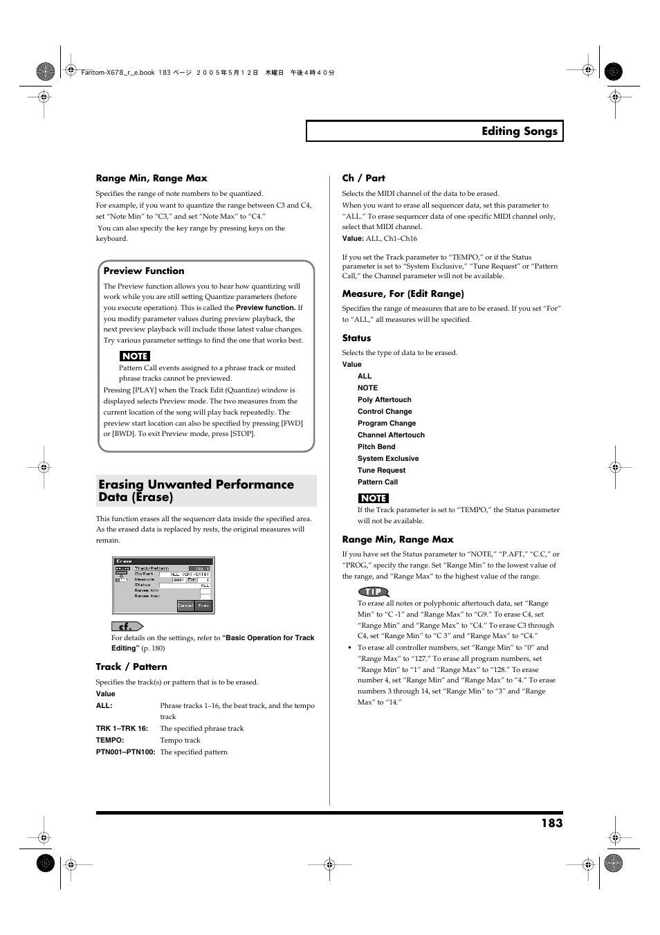 Erasing unwanted performance data (erase), Erase->p. 183, 183 editing songs | Roland Fantom-X7 User Manual | Page 183 / 348