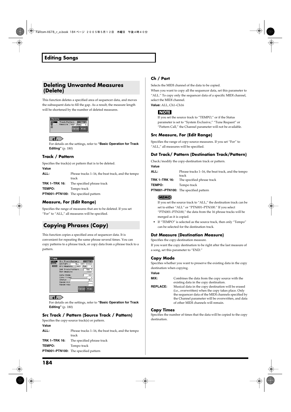 Deleting unwanted measures (delete), Copying phrases (copy), Delete->p. 184 | Copy->p. 184, 184 editing songs | Roland Fantom-X7 User Manual | Page 184 / 348