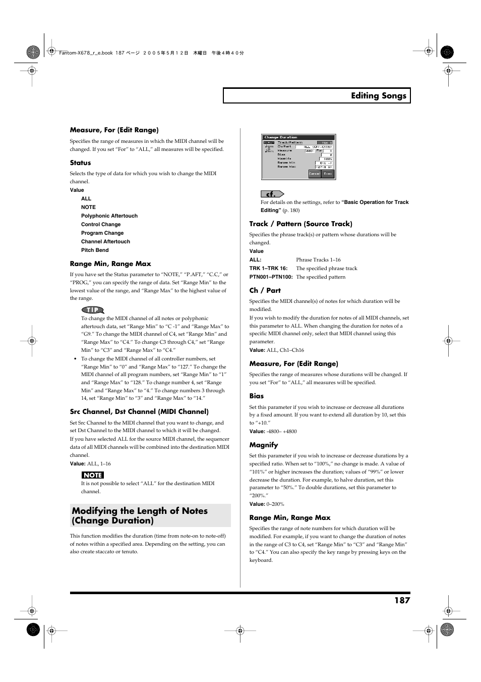 Modifying the length of notes (change duration), Change duration->p. 187, 187 editing songs | Roland Fantom-X7 User Manual | Page 187 / 348