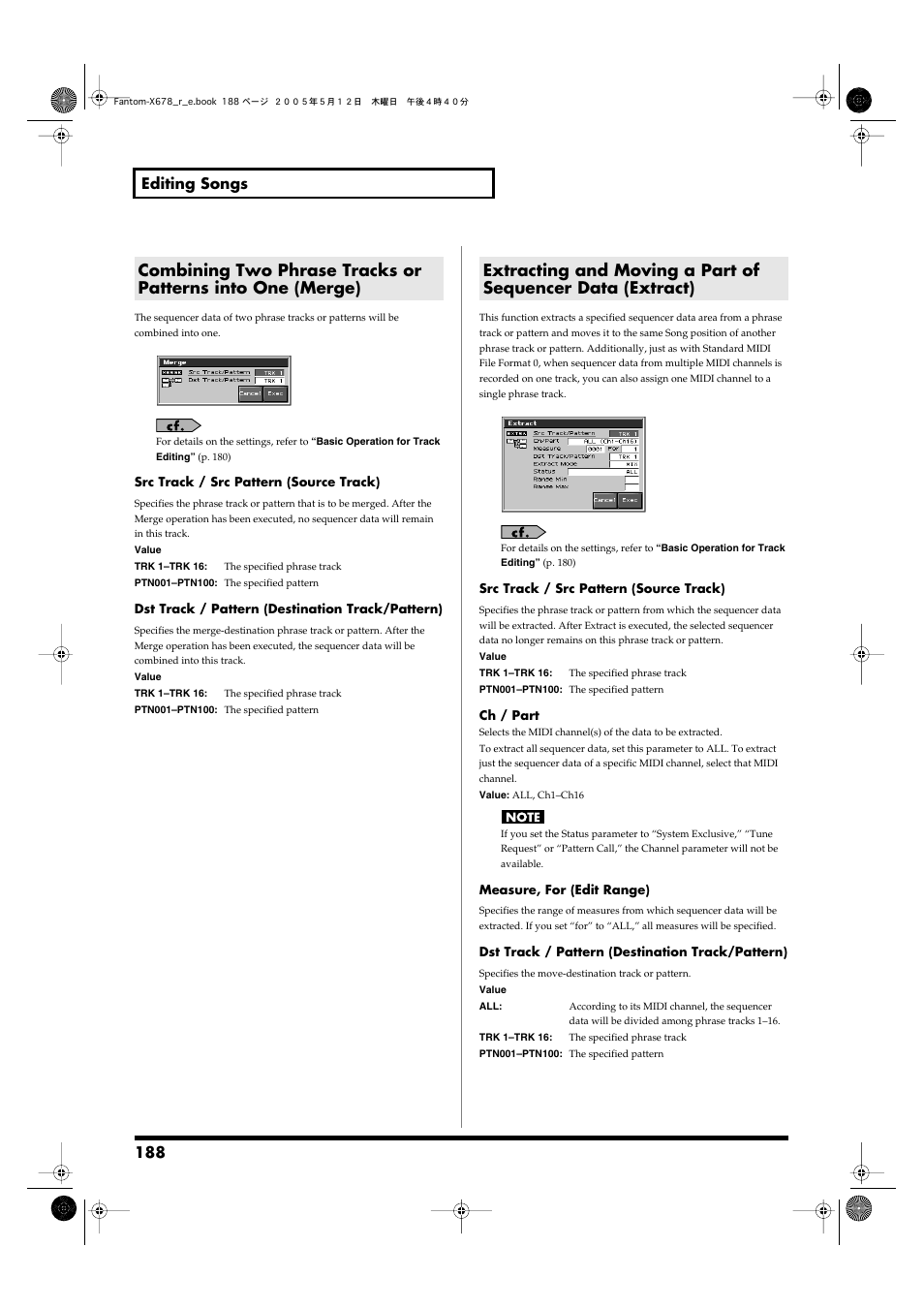 Merge->p. 188, Extract->p. 188, 188 editing songs | Roland Fantom-X7 User Manual | Page 188 / 348