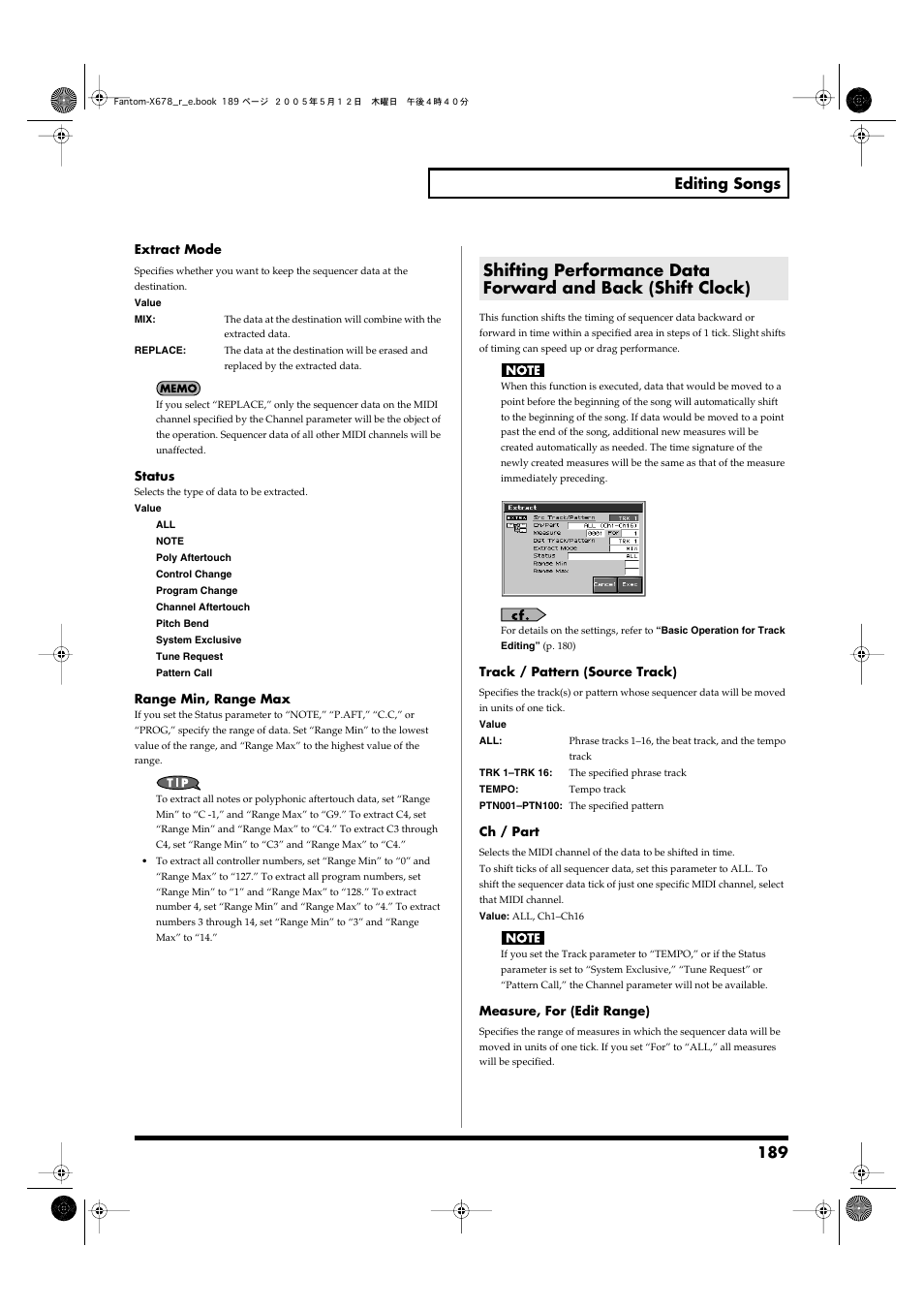 Shift clock->p. 189, 189 editing songs | Roland Fantom-X7 User Manual | Page 189 / 348