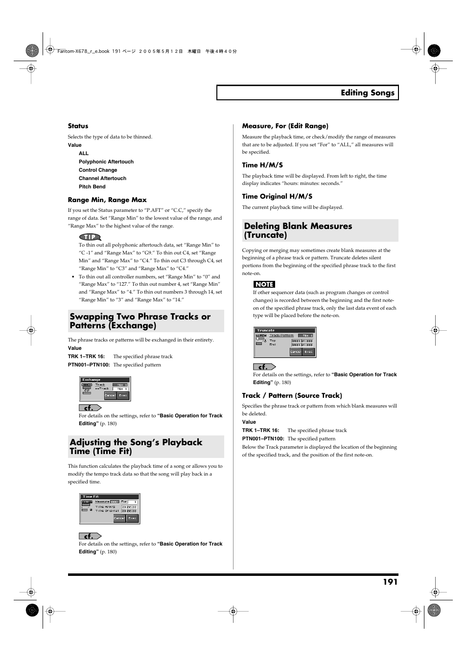 Swapping two phrase tracks or patterns (exchange), Adjusting the song’s playback time (time fit), Deleting blank measures (truncate) | Exchange->p. 191, Time fit->p. 191, Truncate->p. 191, 191 editing songs | Roland Fantom-X7 User Manual | Page 191 / 348