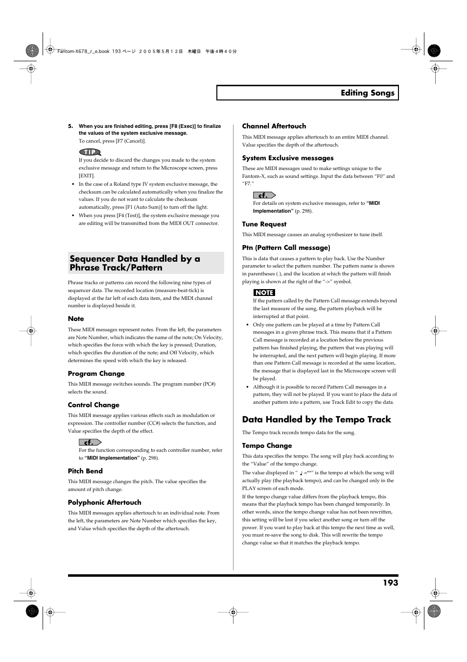 Sequencer data handled by a phrase track/pattern, Entire midi channel (p. 193), Data handled by the tempo track | 193 editing songs | Roland Fantom-X7 User Manual | Page 193 / 348