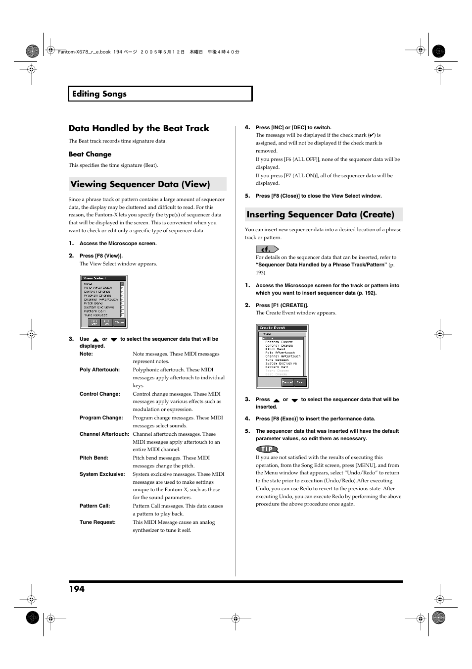 Viewing sequencer data (view), Inserting sequencer data (create), Data handled by the beat track | 194 editing songs | Roland Fantom-X7 User Manual | Page 194 / 348