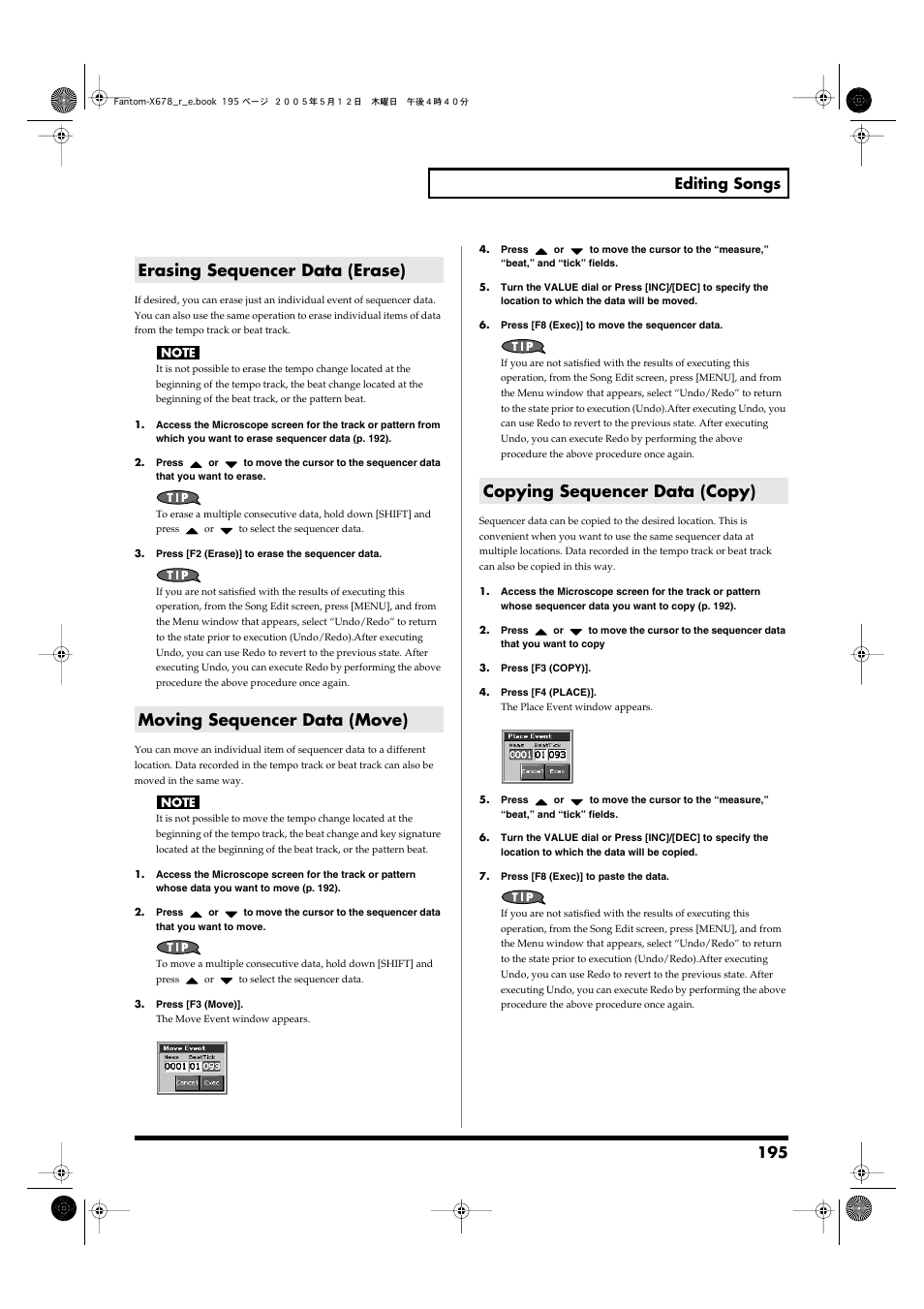 Erasing sequencer data (erase), Moving sequencer data (move), Copying sequencer data (copy) | 195 editing songs | Roland Fantom-X7 User Manual | Page 195 / 348