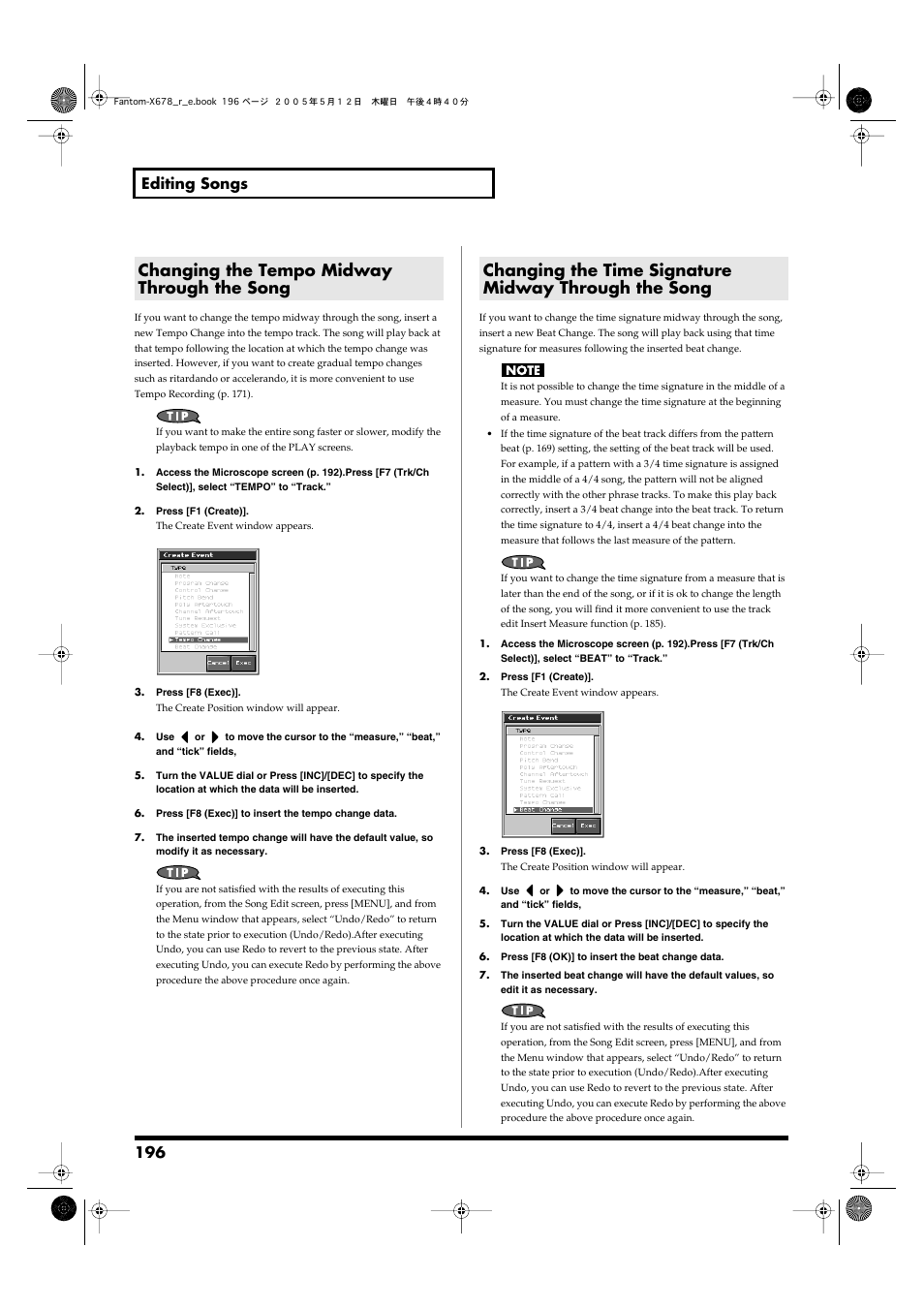Changing the tempo midway through the song, Changing the time signature midway, Through the song | P. 196), 196 editing songs | Roland Fantom-X7 User Manual | Page 196 / 348