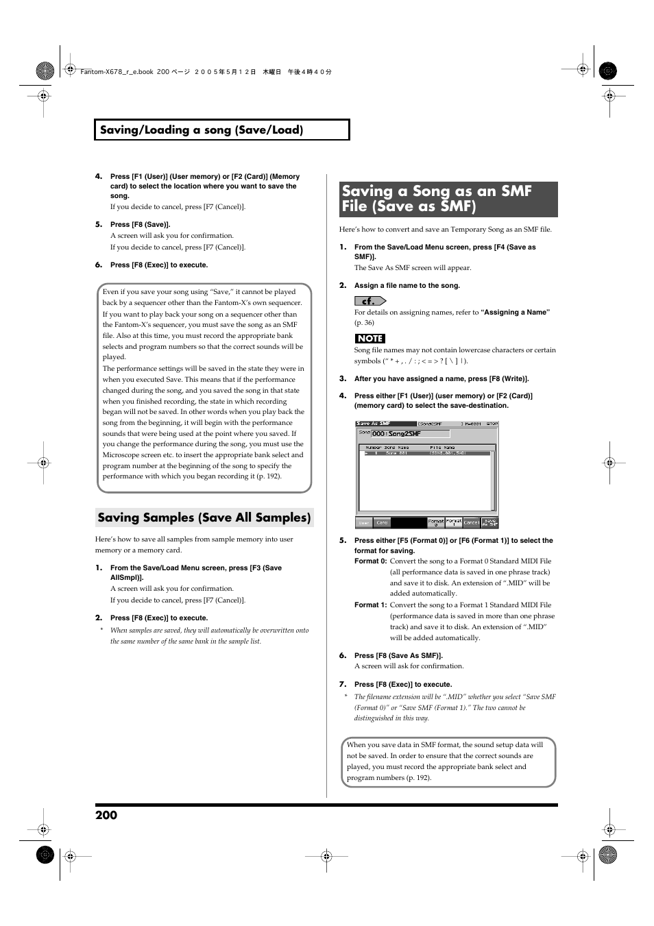 Saving samples (save all samples), Saving a song as an smf file (save as smf), 200 saving/loading a song (save/load) | Roland Fantom-X7 User Manual | Page 200 / 348