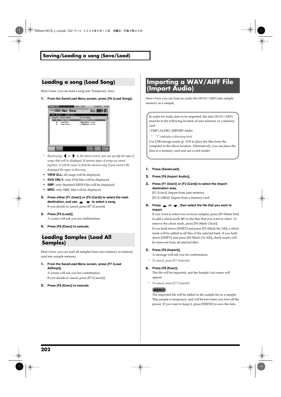 Loading a song (load song), Loading samples (load all samples), Importing a wav/aiff file (import audio) | 202 saving/loading a song (save/load) | Roland Fantom-X7 User Manual | Page 202 / 348
