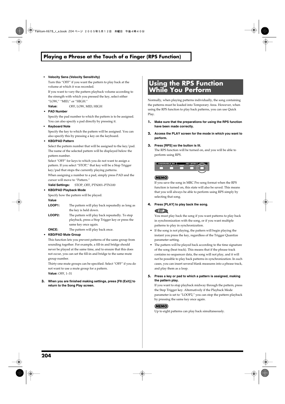 Using the rps function while you perform | Roland Fantom-X7 User Manual | Page 204 / 348