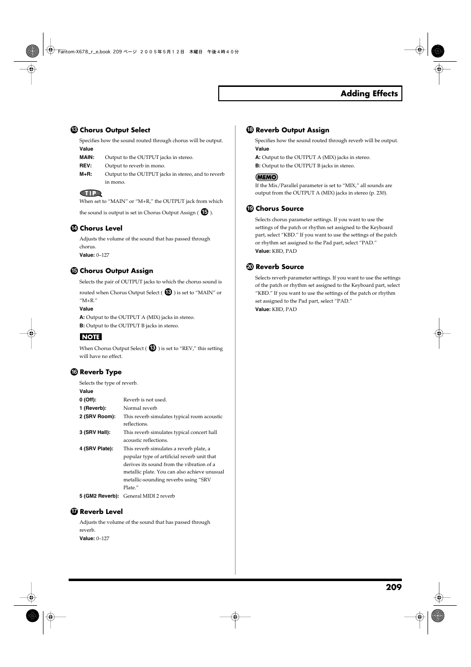 Set with the reverb output assign (p. 209), 209 adding effects | Roland Fantom-X7 User Manual | Page 209 / 348