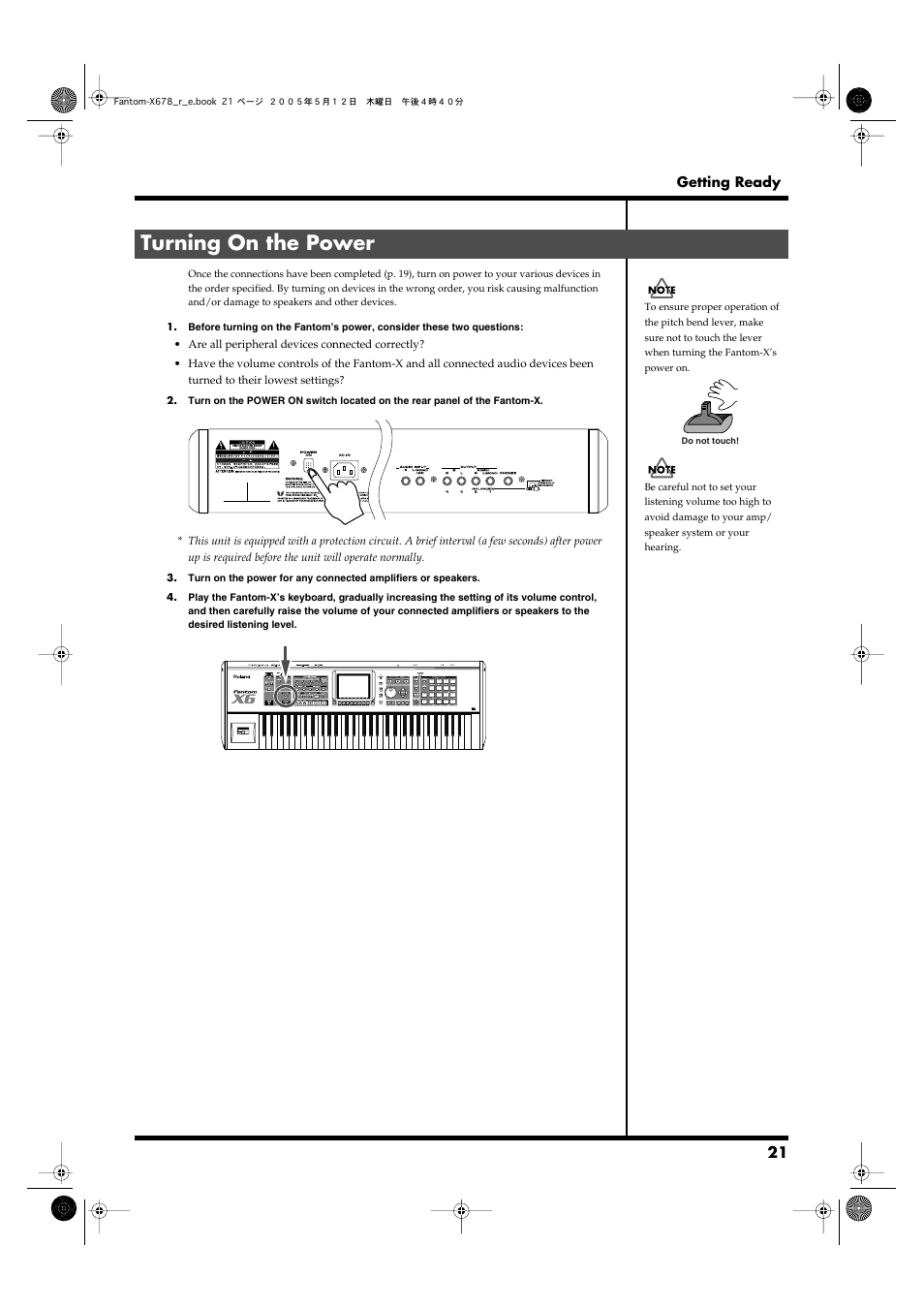 Turning on the power, Output a (mix) jacks and phones jack. -> (p. 21), Press to turn the power on/off. -> (p. 21, p. 22) | Getting ready | Roland Fantom-X7 User Manual | Page 21 / 348