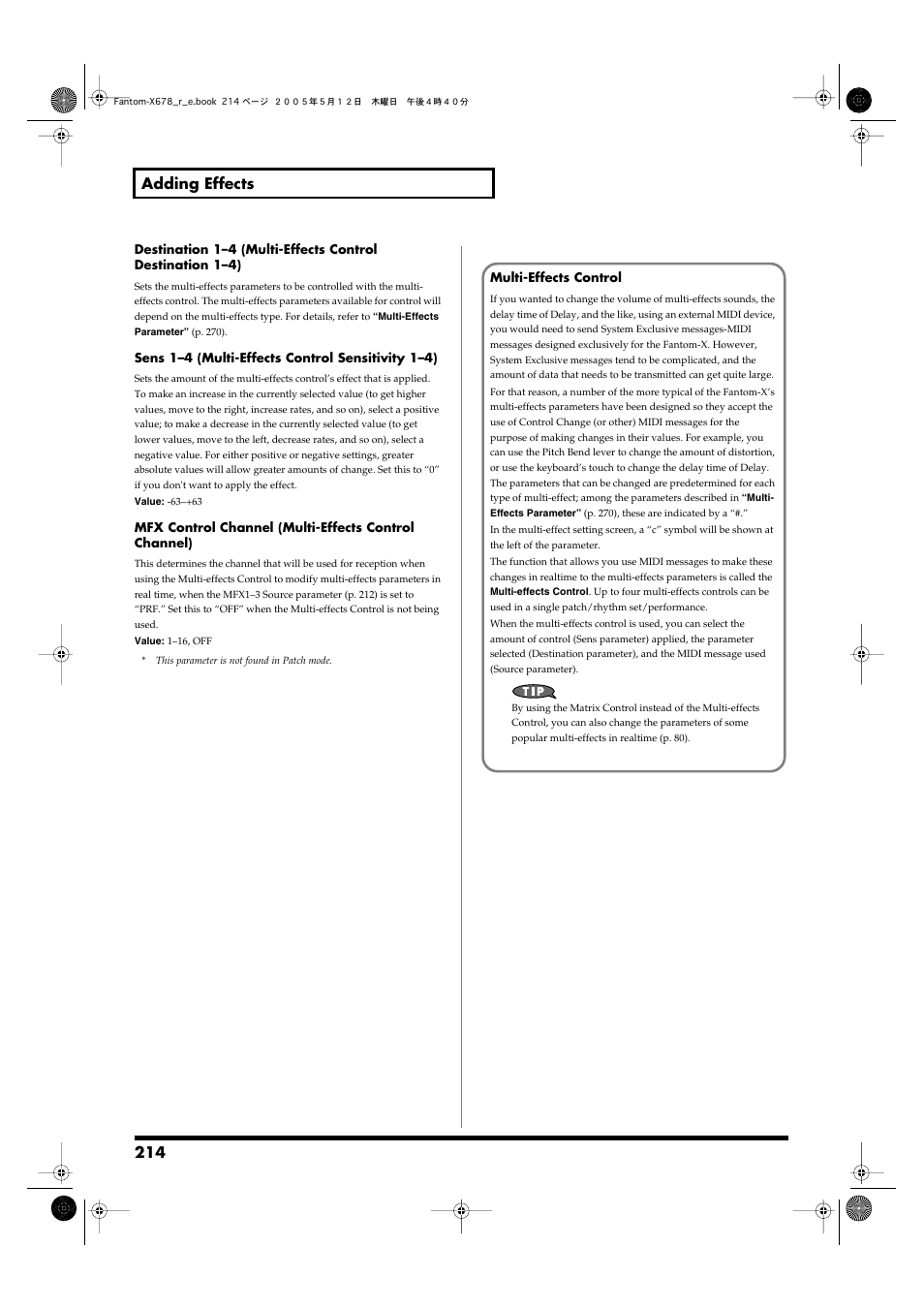 Control destination parameter (p. 214), 214 adding effects | Roland Fantom-X7 User Manual | Page 214 / 348