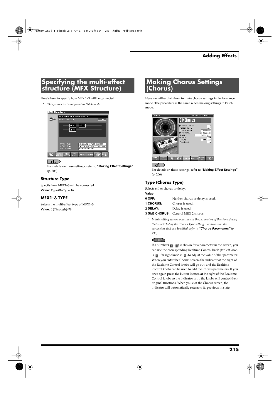 Making chorus settings (chorus), P. 215), 215 adding effects | Roland Fantom-X7 User Manual | Page 215 / 348