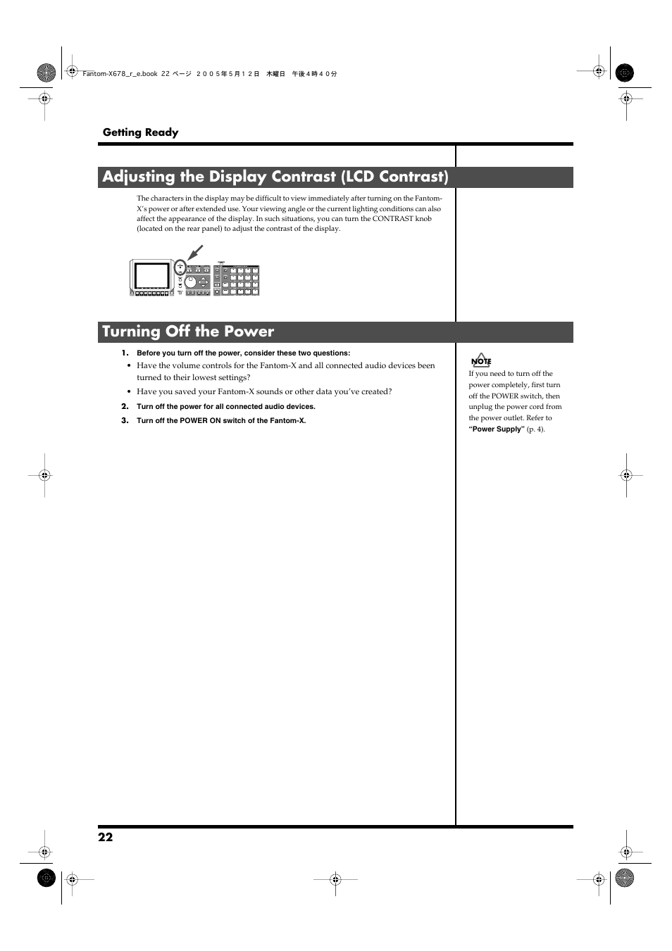 Adjusting the display contrast (lcd contrast), Turning off the power, Cord from the outlet (p. 22) | Adjusts the display contrast. -> (p. 22) | Roland Fantom-X7 User Manual | Page 22 / 348